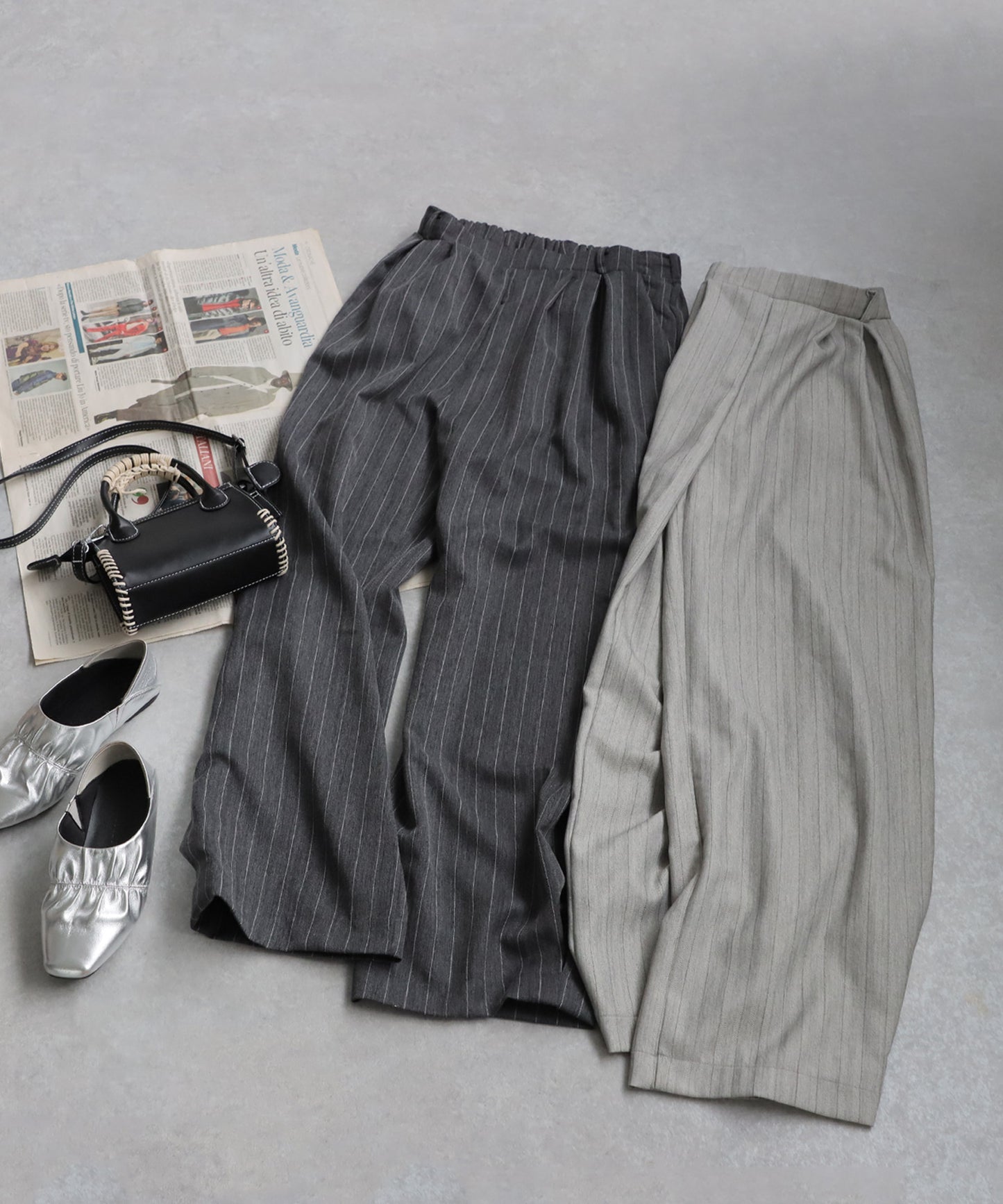 Herringbone Pattern Tuck Wide Pants Ladies