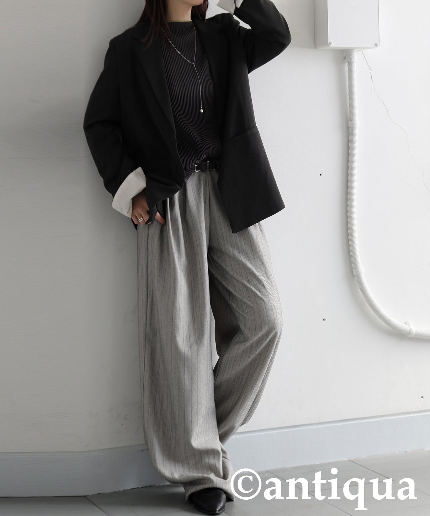 Herringbone Pattern Tuck Wide Pants Ladies