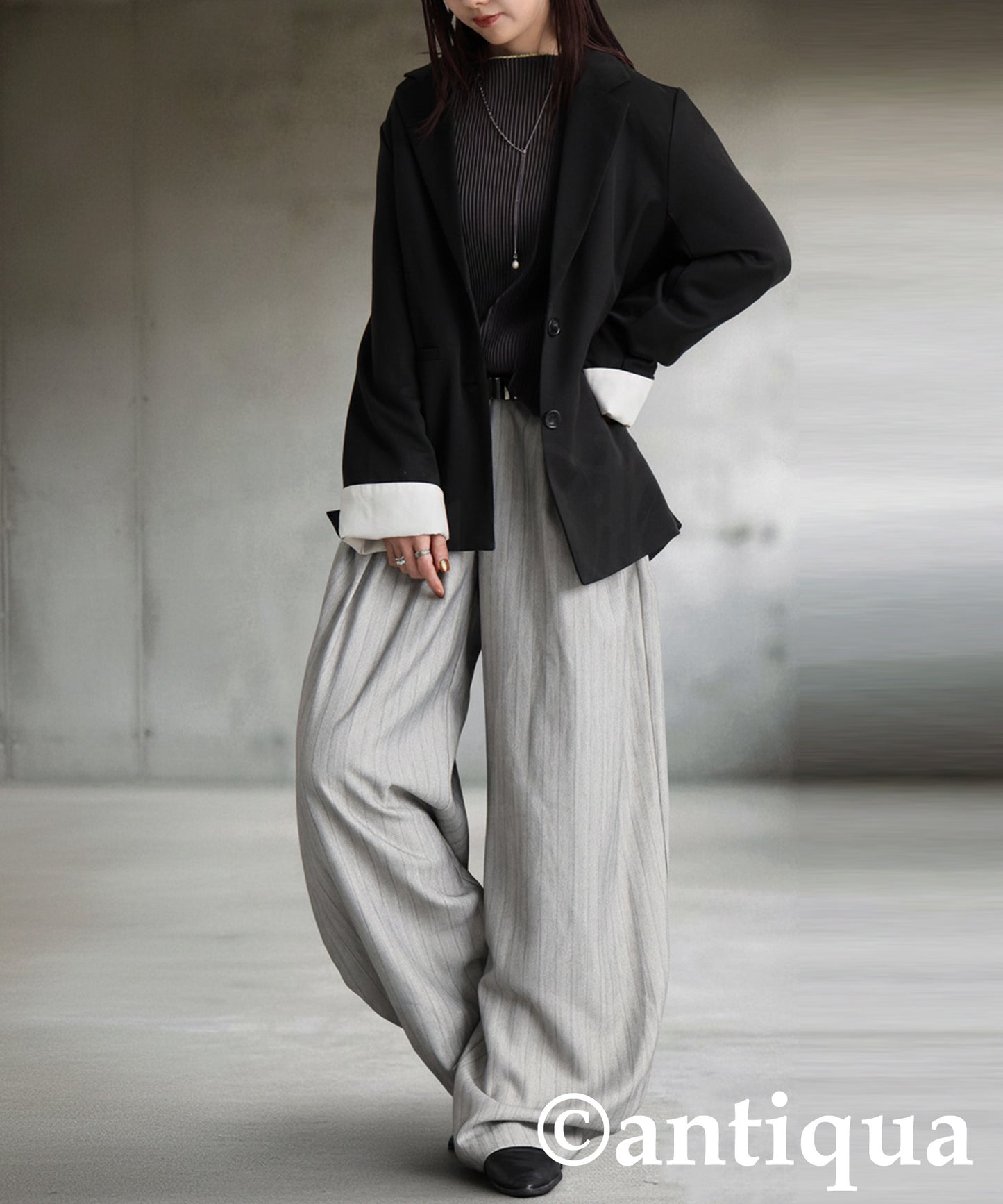 Herringbone Pattern Tuck Wide Pants Ladies