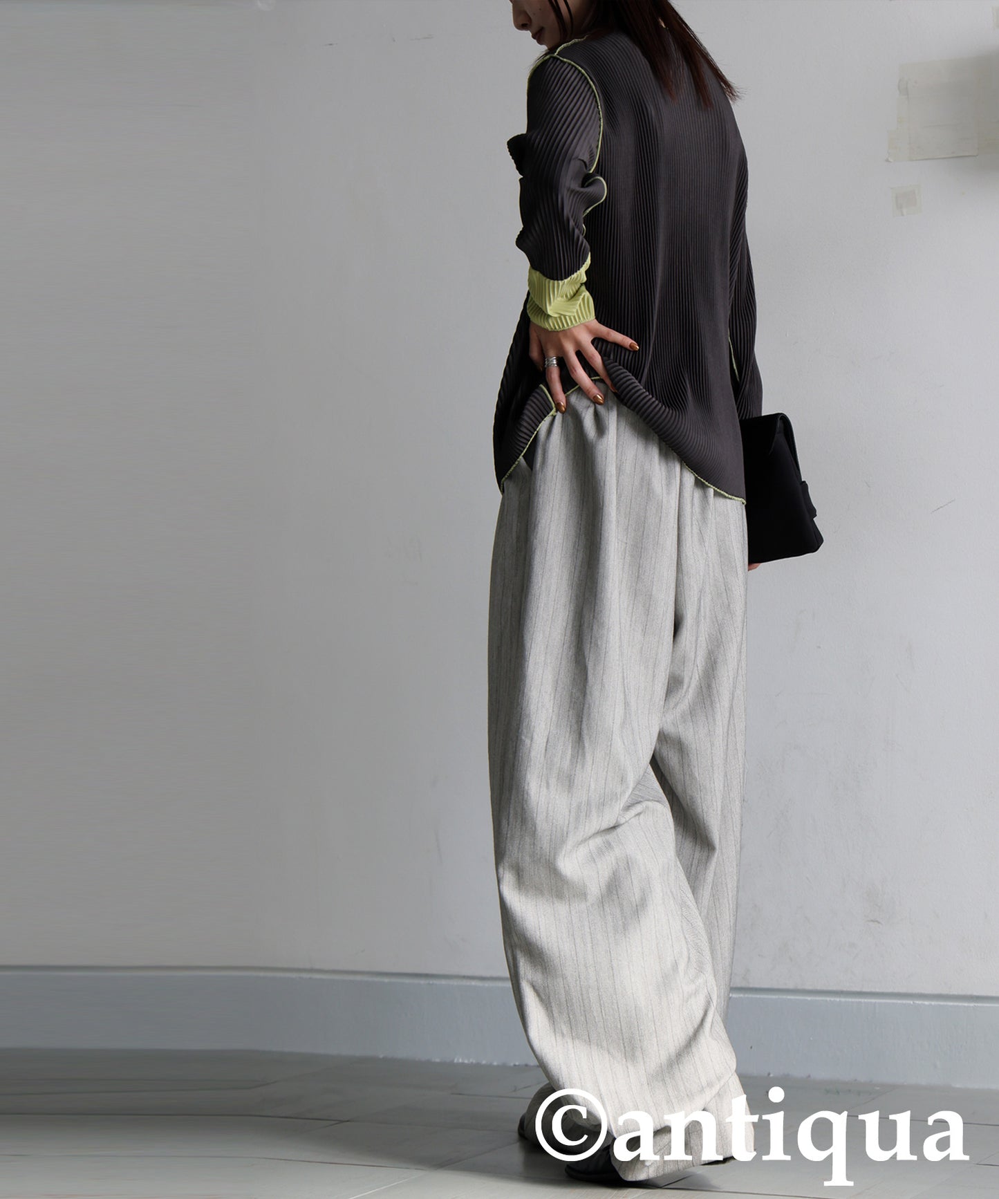 Herringbone Pattern Tuck Wide Pants Ladies