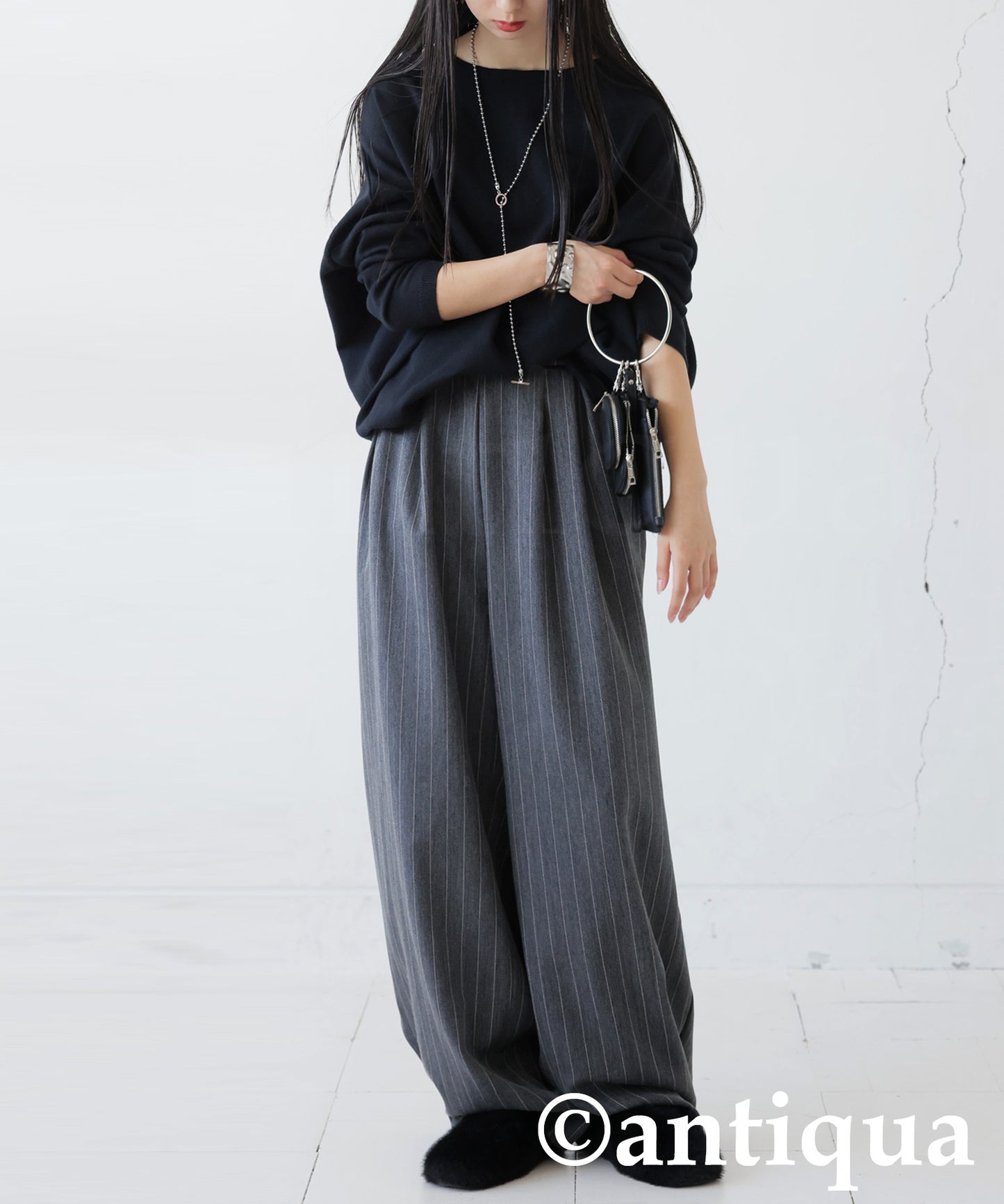 Herringbone Pattern Tuck Wide Pants Ladies