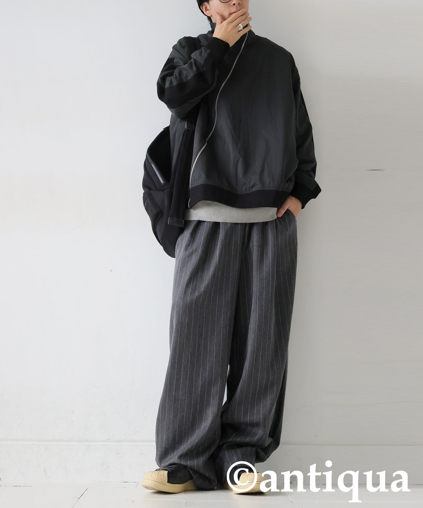 Herringbone Pattern Tuck Wide Pants Men's