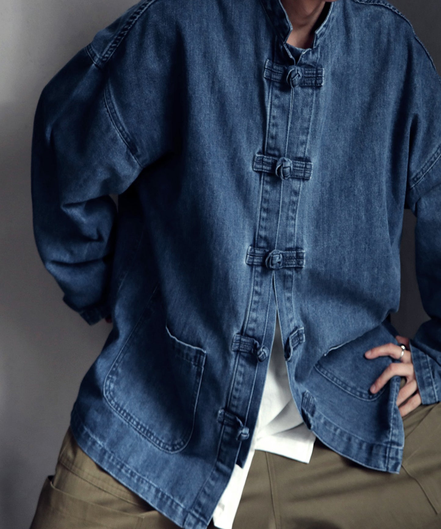 Men's denim jacket Chinese button knot