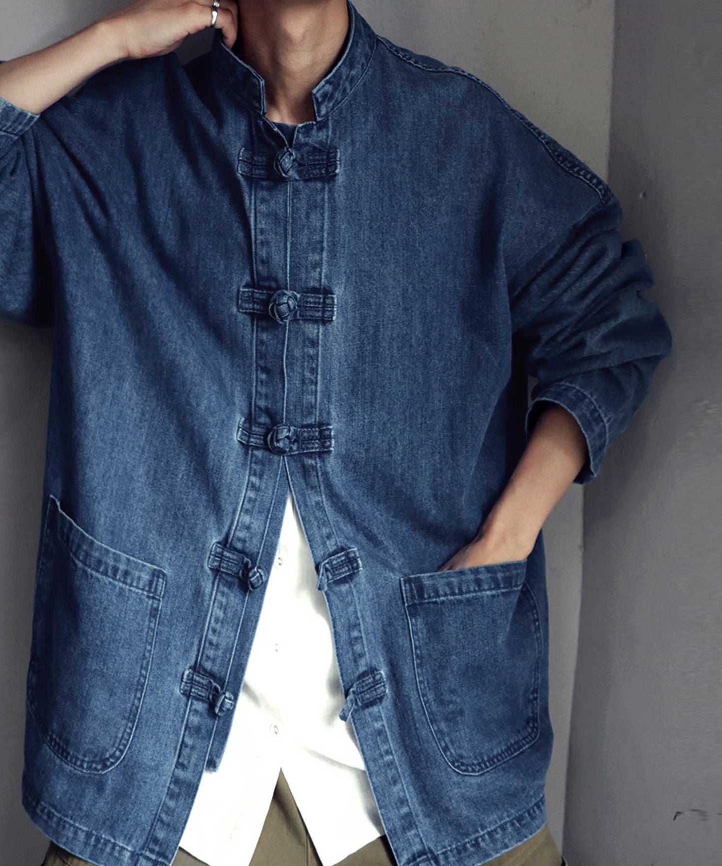 Men's denim jacket Chinese button knot