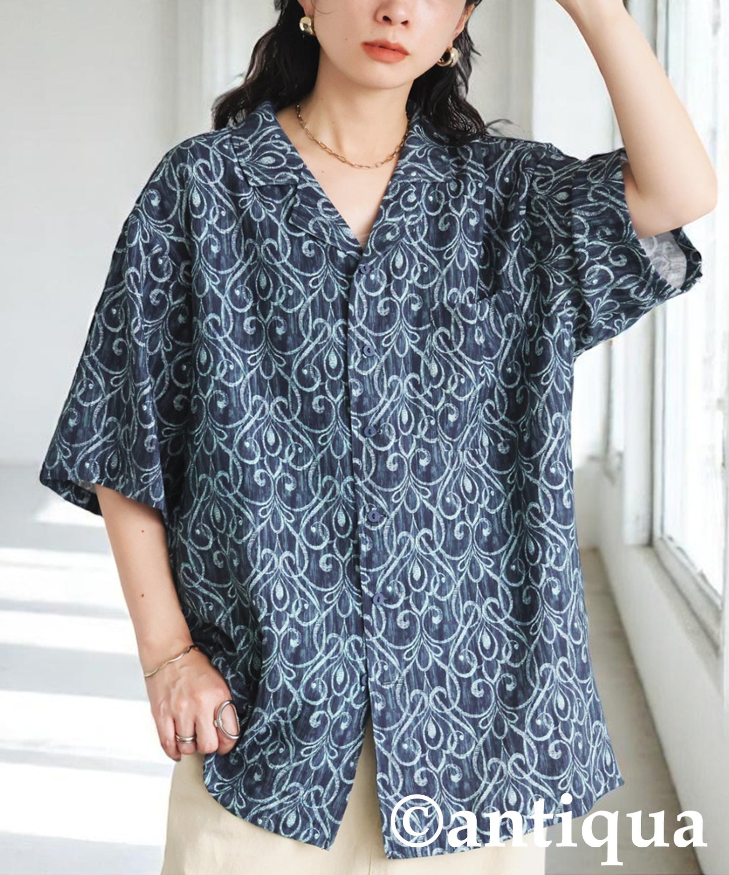 Ladies Art Pattern Open Collar Shirt
