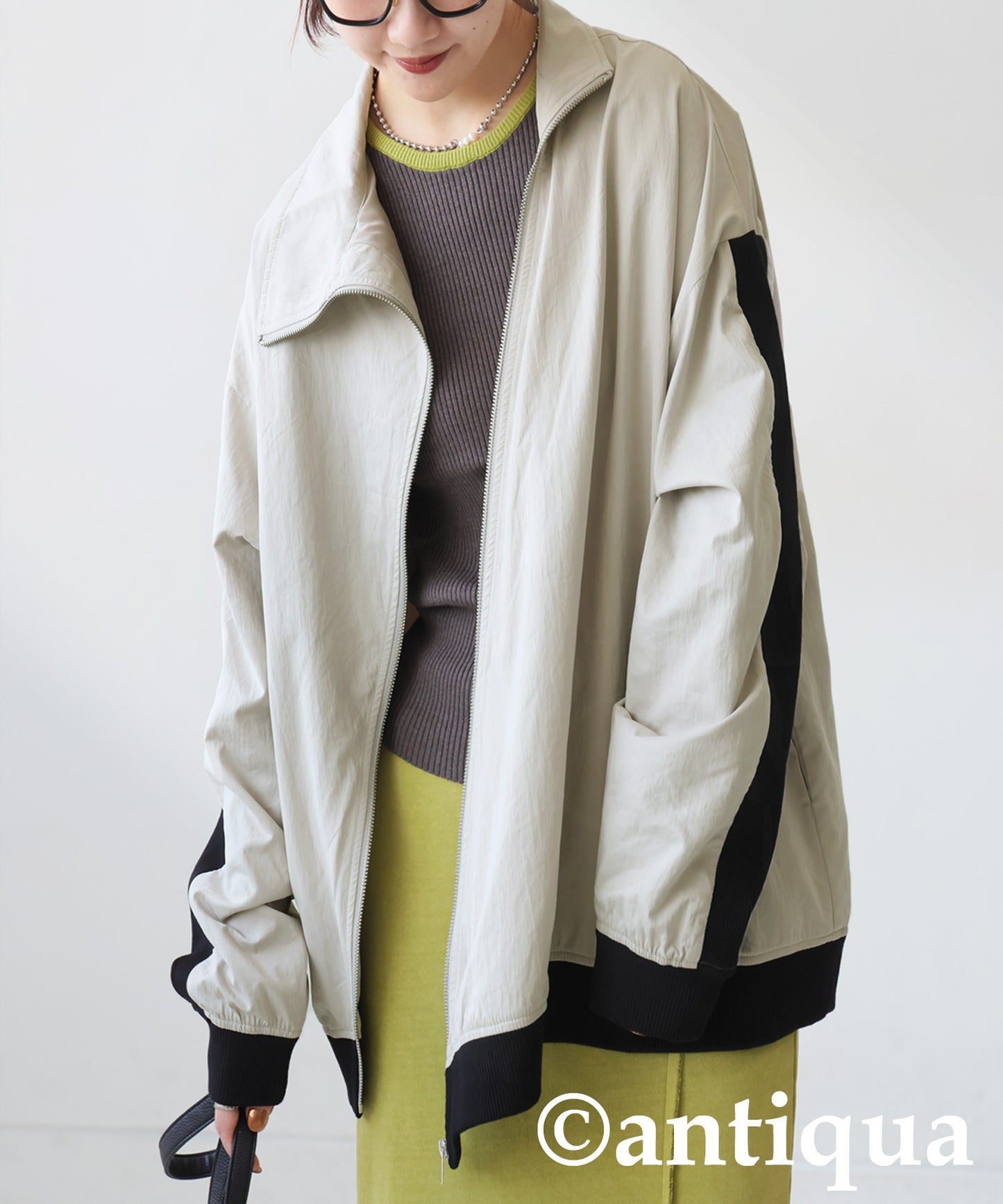 Diagonal Zip Color-Block Line Blouson Ladies