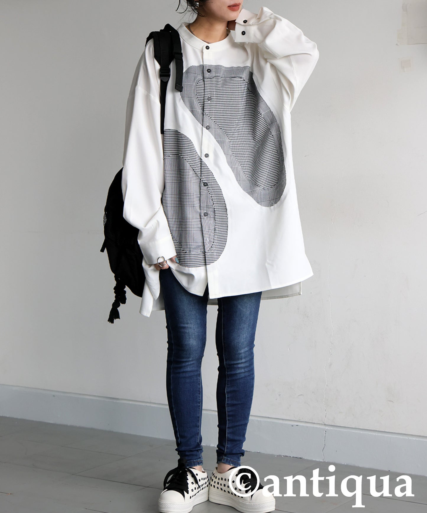 Mixed Material Checkered Shirt Ladies