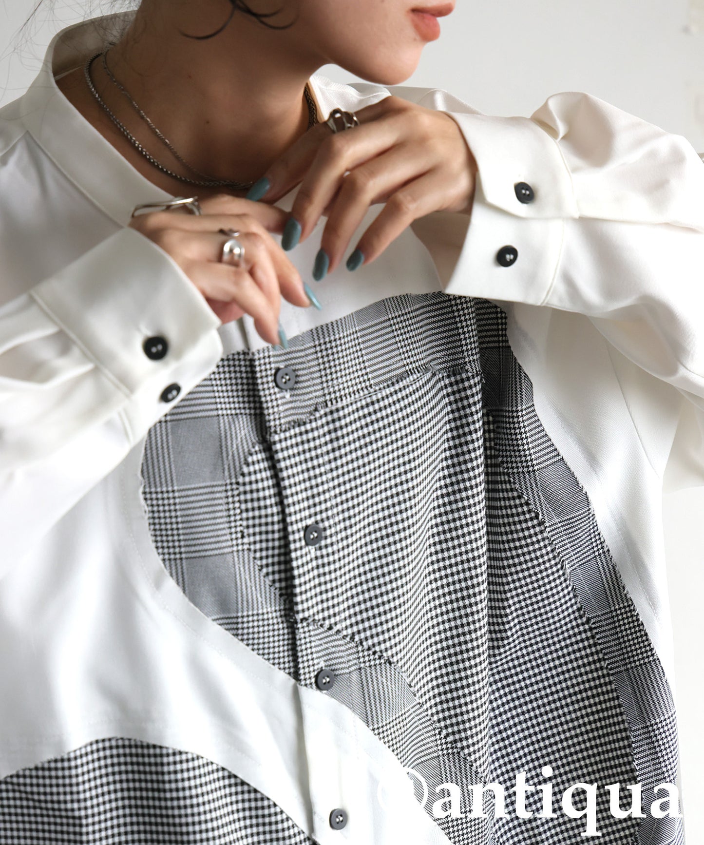 Mixed Material Checkered Shirt Ladies