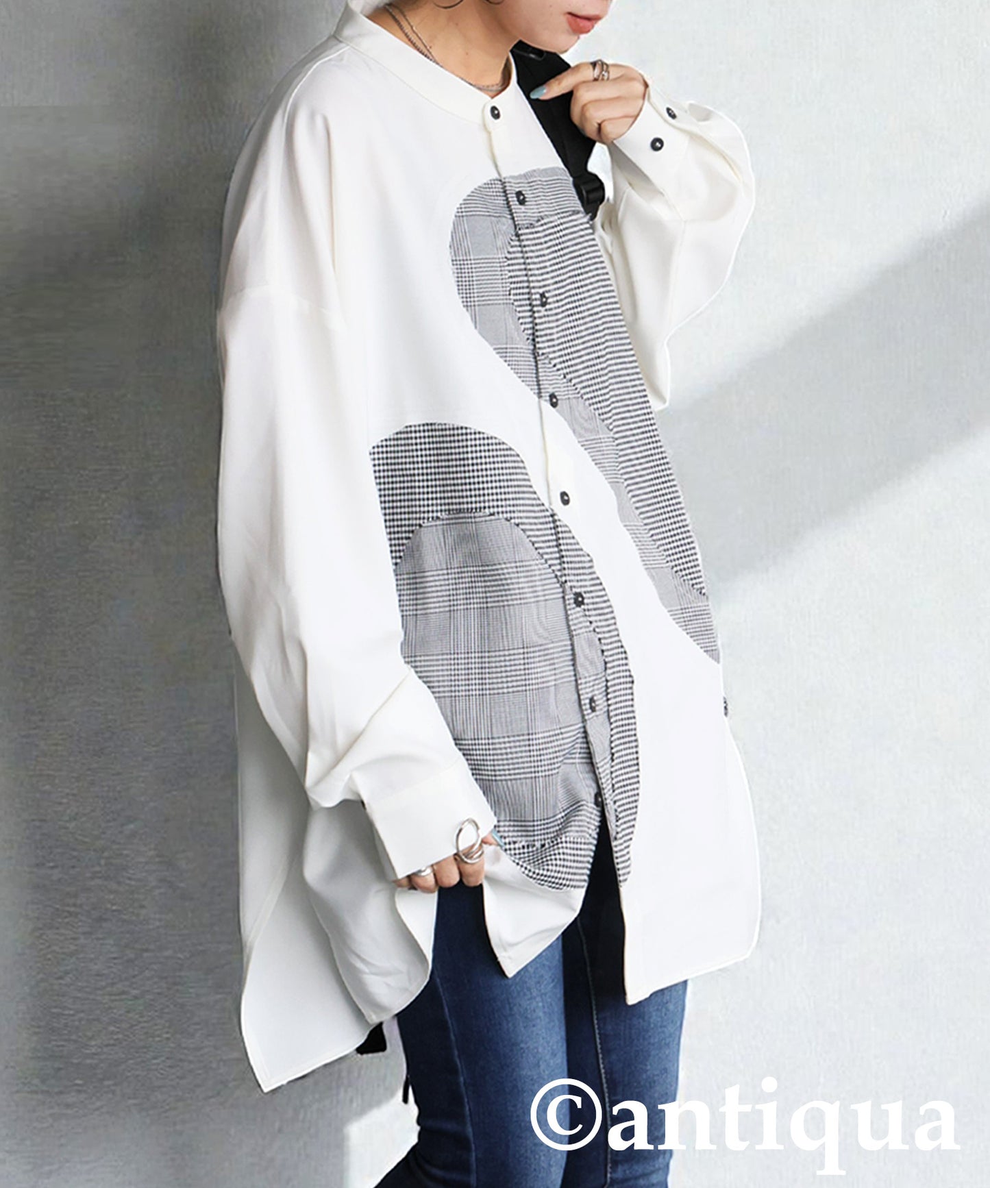 Mixed Material Checkered Shirt Ladies