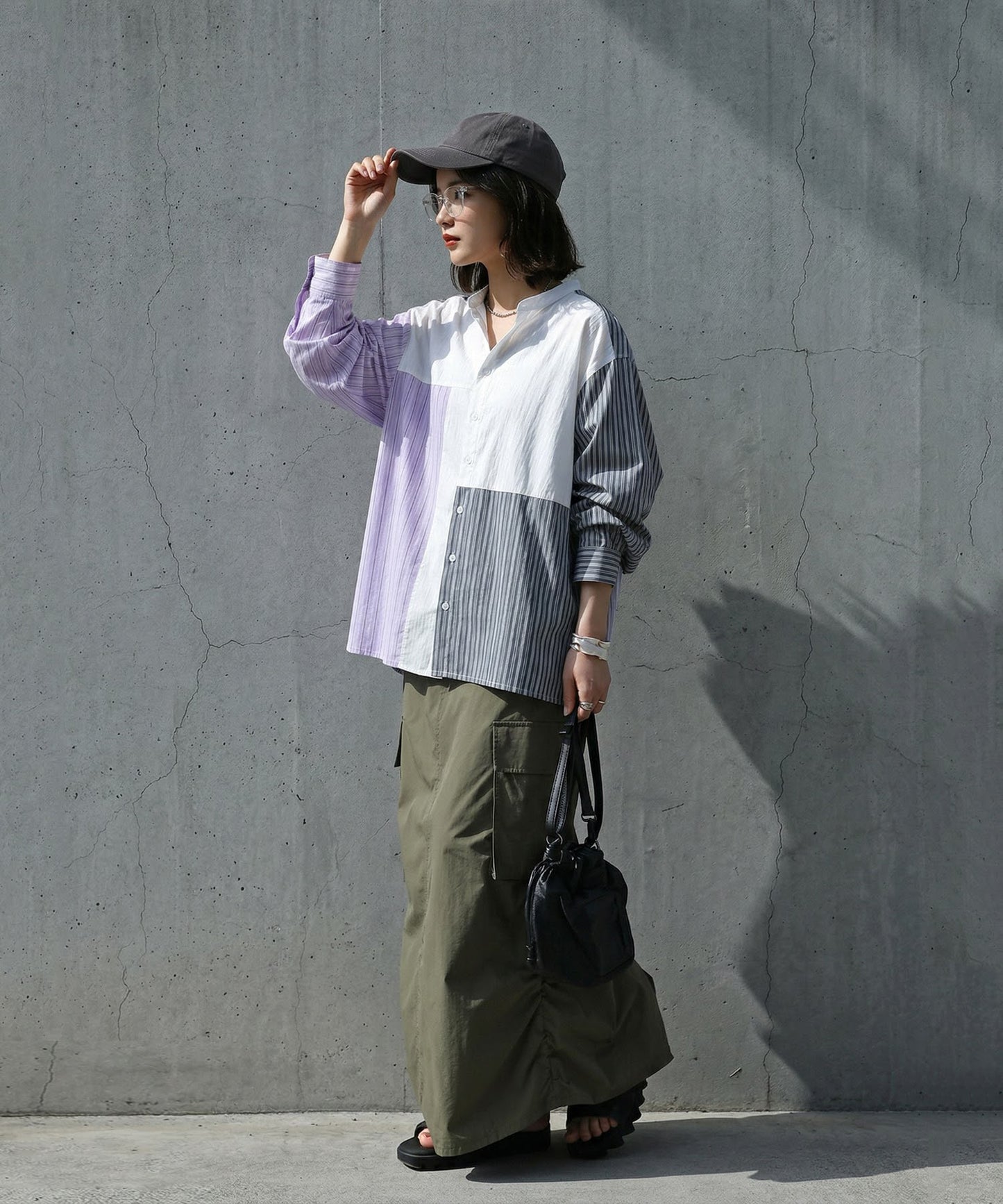 Fabric-Blocked Striped Shirt Ladies