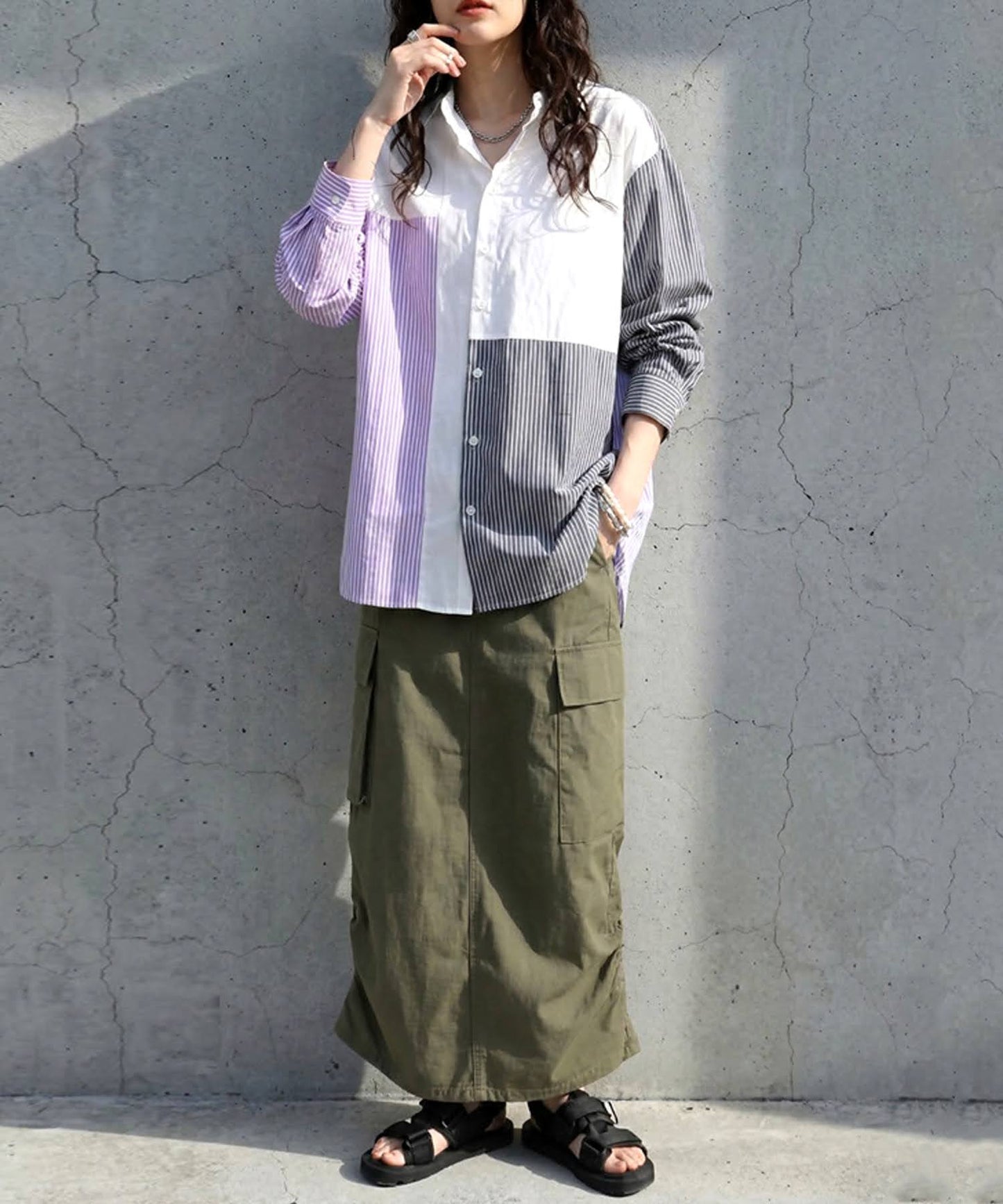 Fabric-Blocked Striped Shirt Ladies