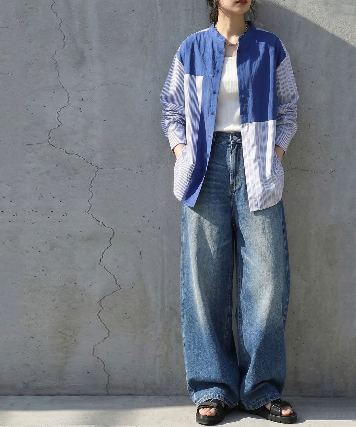 Fabric-Blocked Striped Shirt Ladies