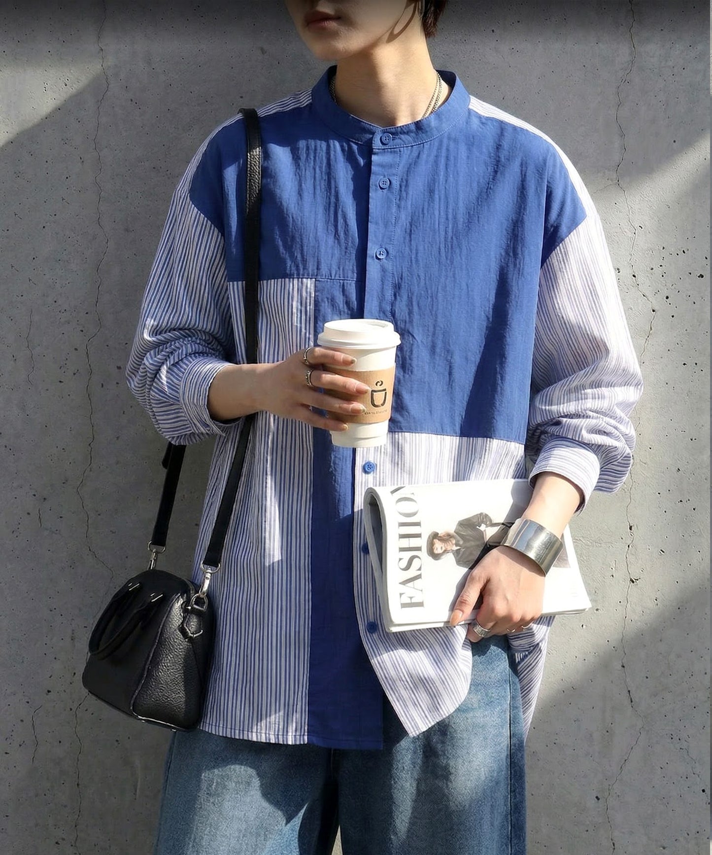 Fabric-Blocked Striped Shirt Ladies