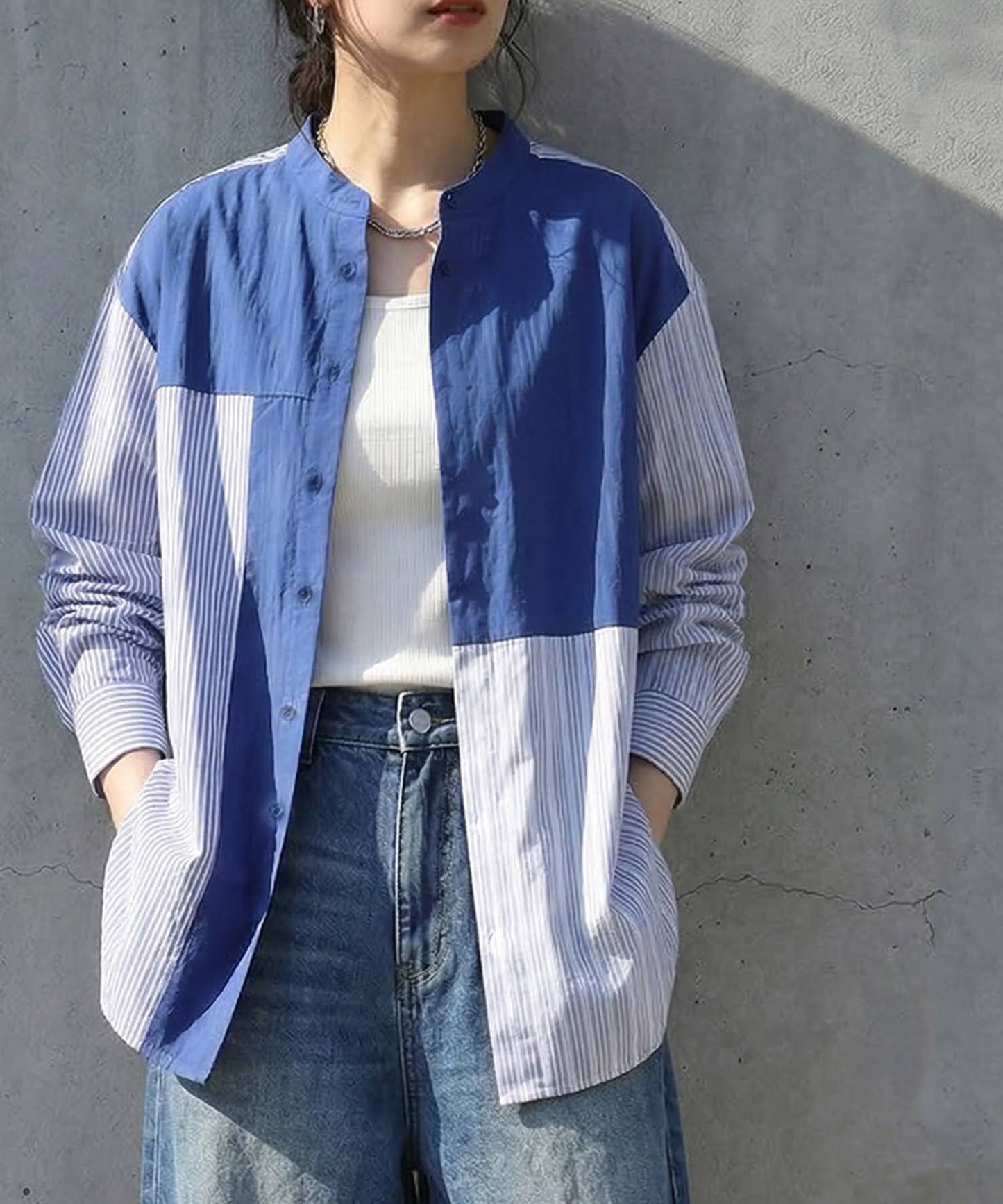 Fabric-Blocked Striped Shirt Ladies