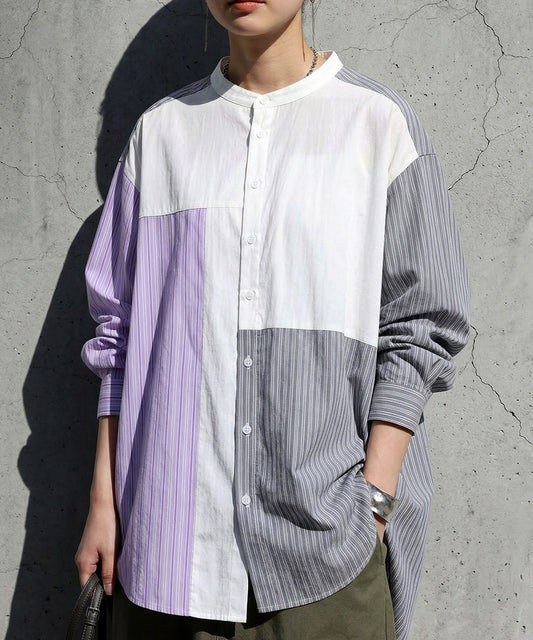 Fabric-Blocked Striped Shirt Ladies