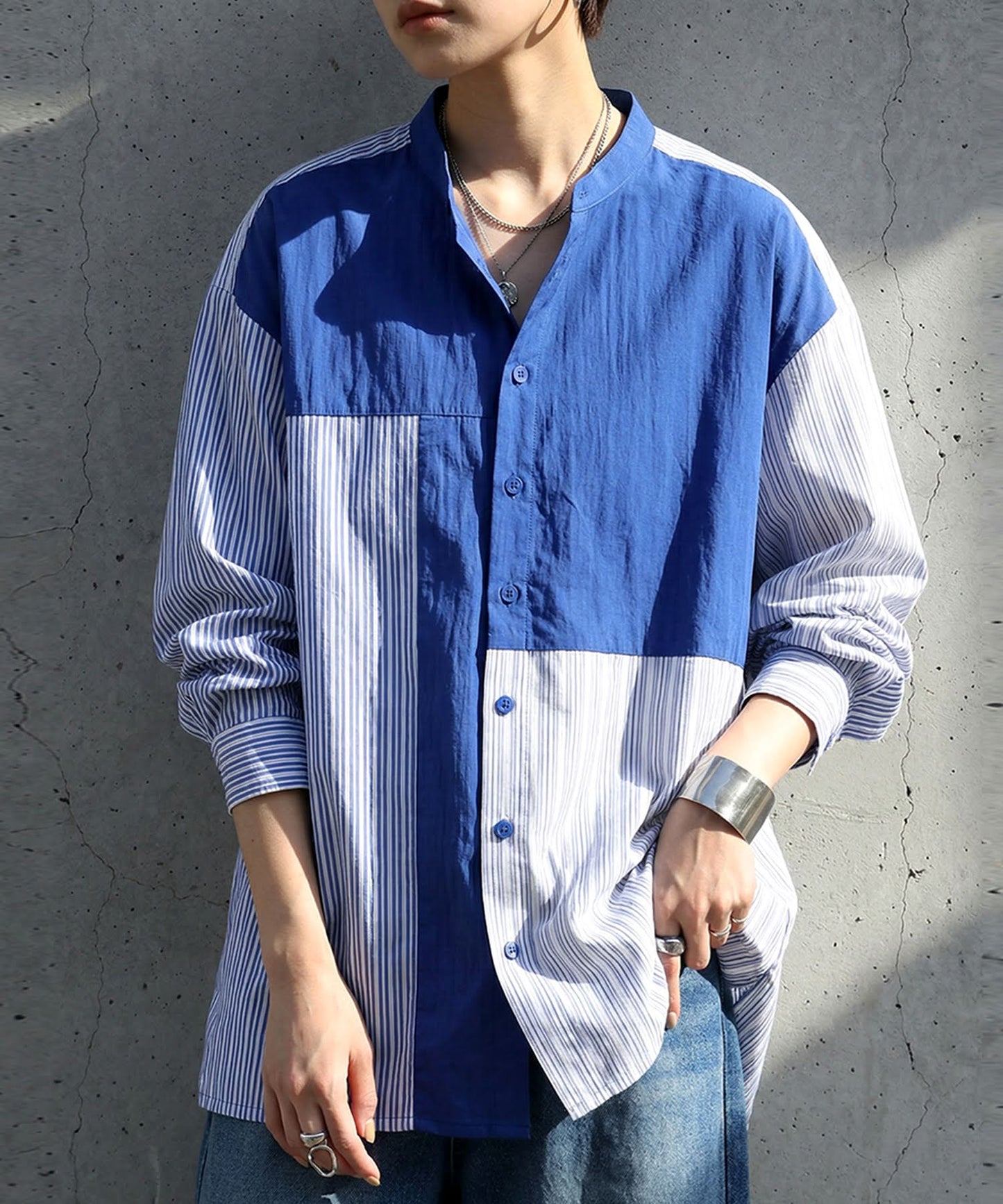 Fabric-Blocked Striped Shirt Ladies