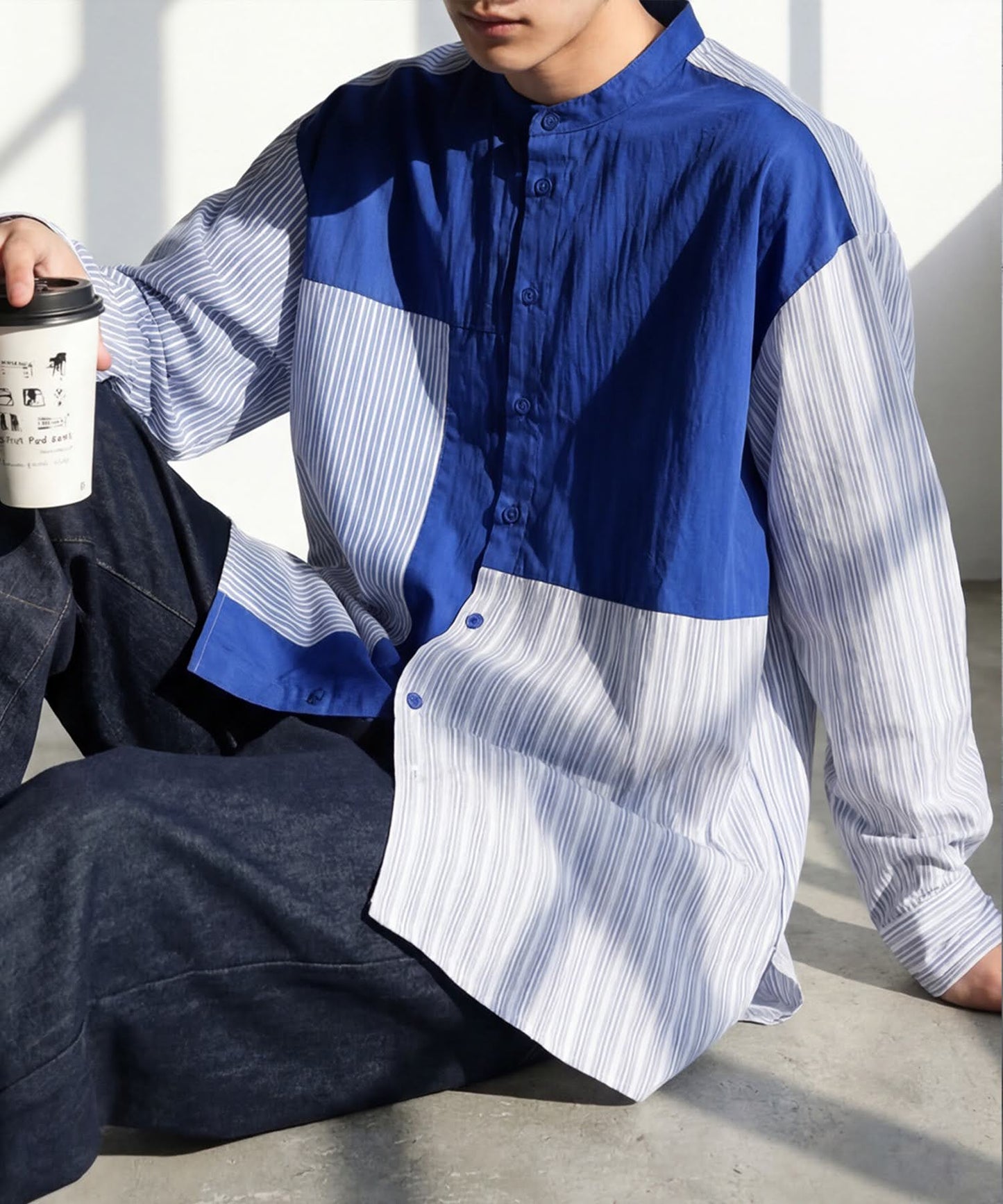Fabric-Blocked Striped Shirt Men’s