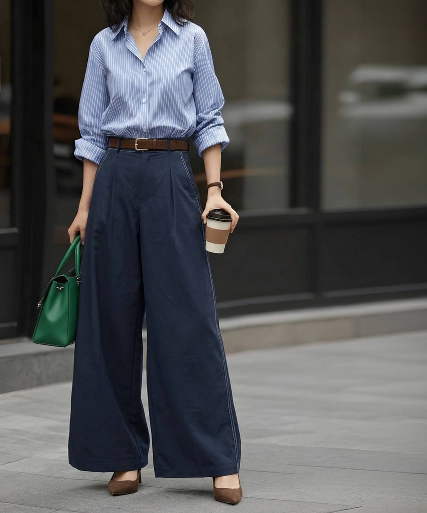 Color-Coordinated Stitching Wide Pants Ladies
