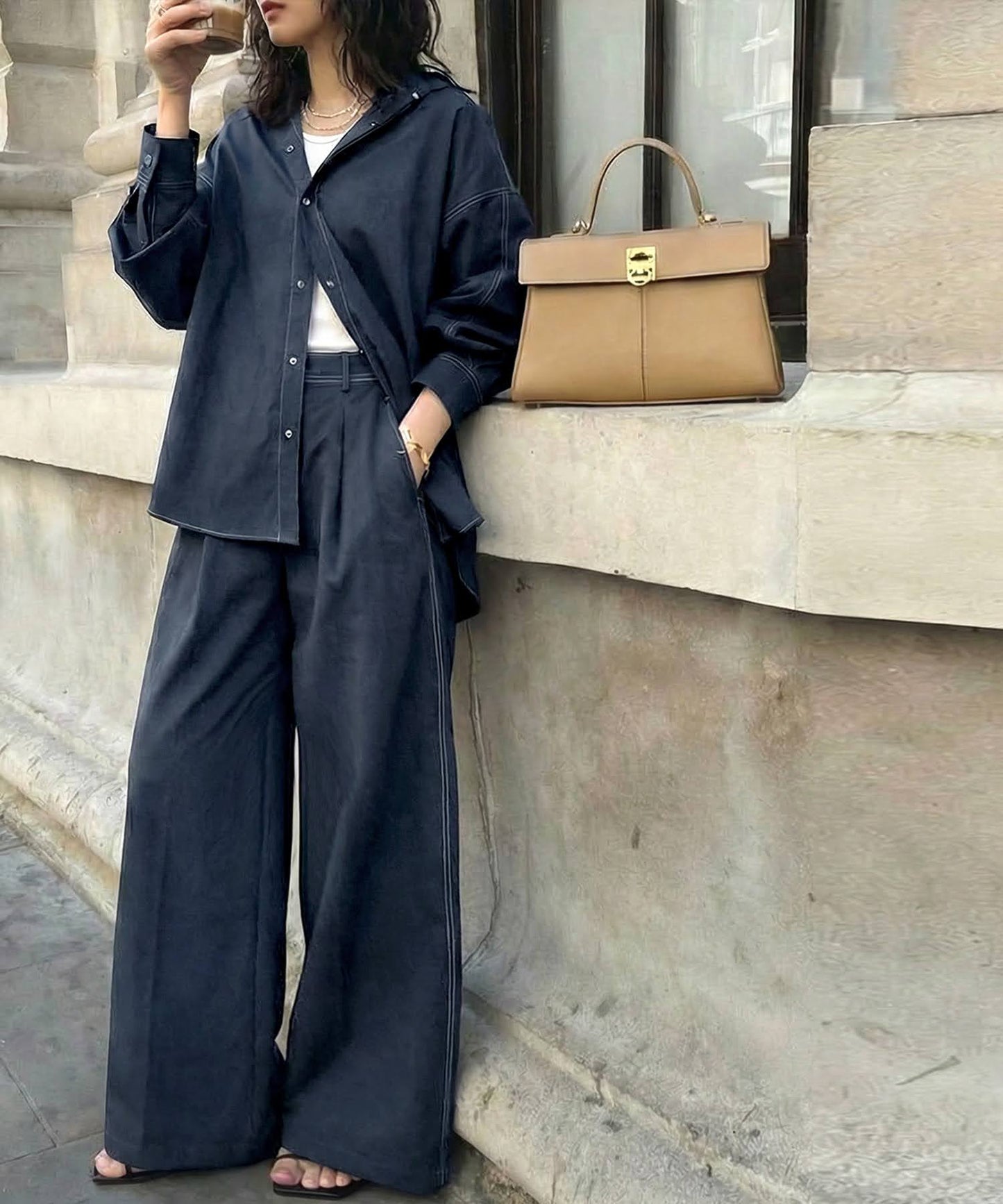 Color-Coordinated Stitching Wide Pants Ladies