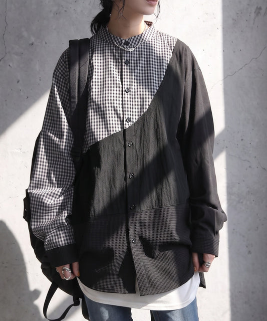 Mixed-Material Checkered Shirt Ladies