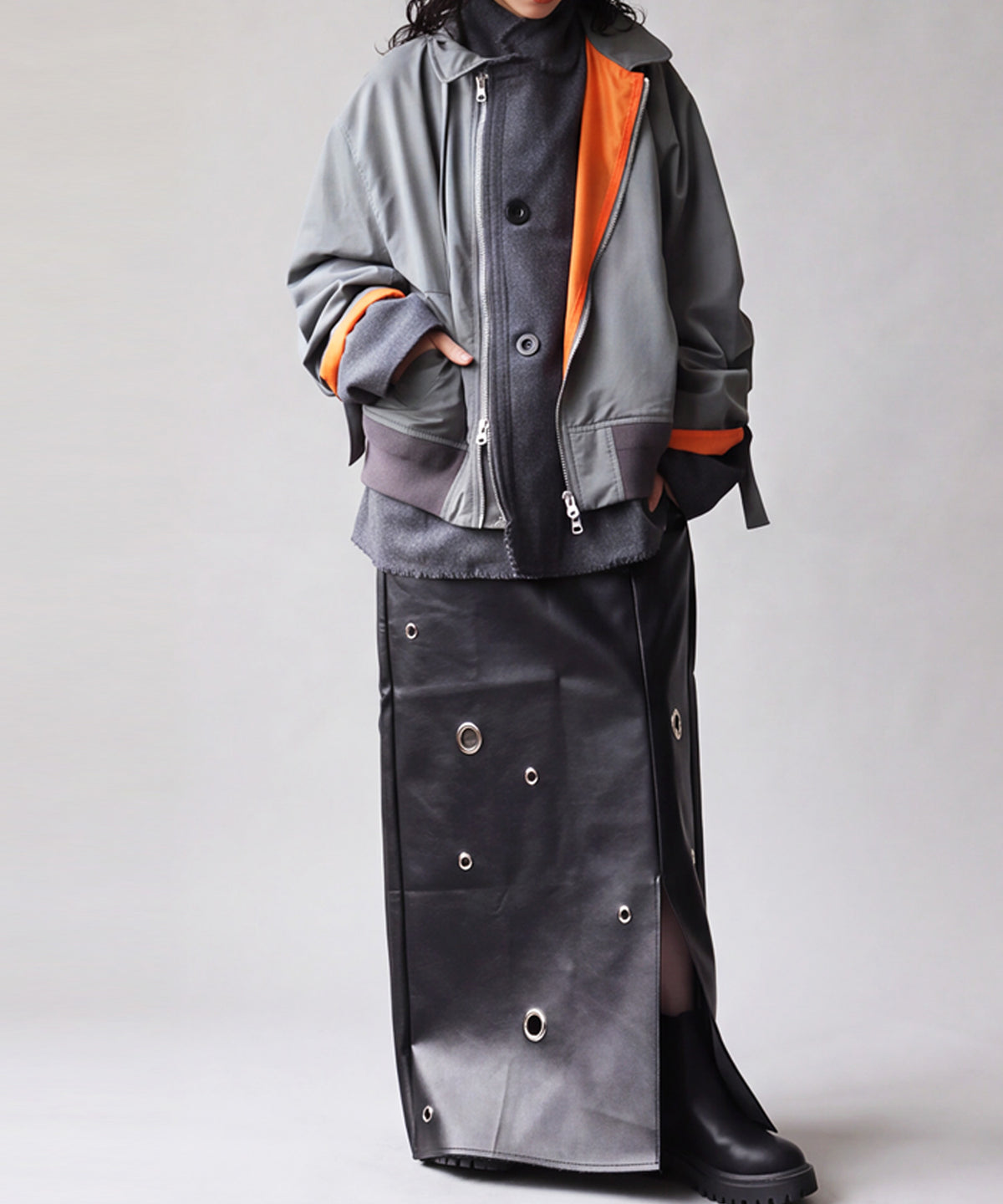 Mixed-Material, Layered Look, Short Length, Double-Zip Ma-1 Jacket Ladies