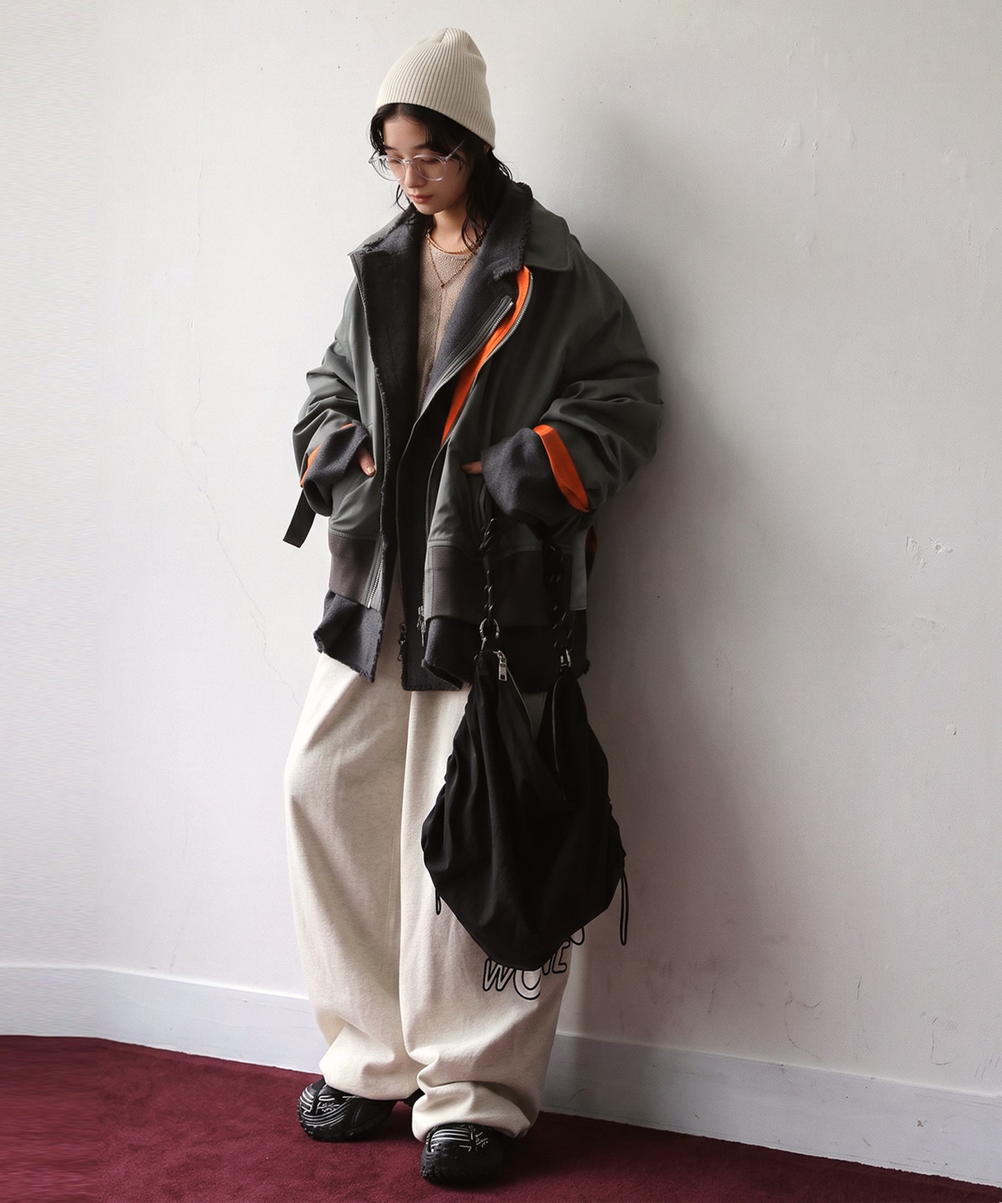 Mixed-Material, Layered Look, Short Length, Double-Zip Ma-1 Jacket Ladies