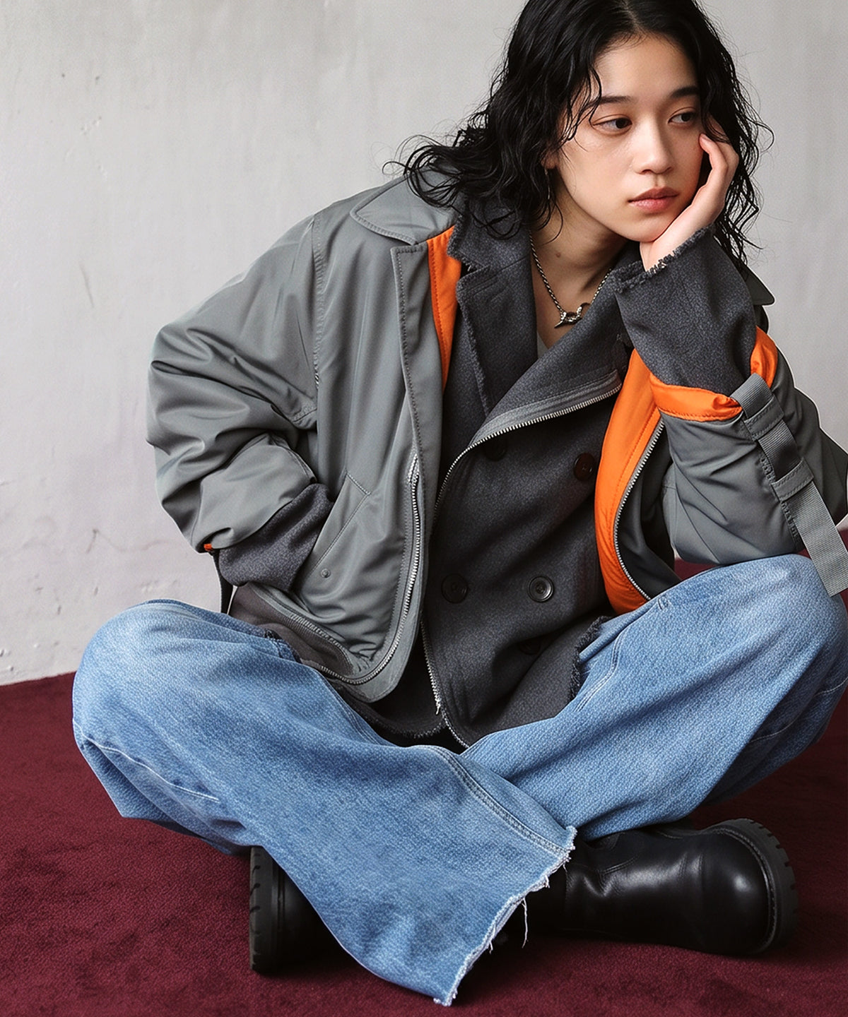 Mixed-Material, Layered Look, Short Length, Double-Zip Ma-1 Jacket Ladies