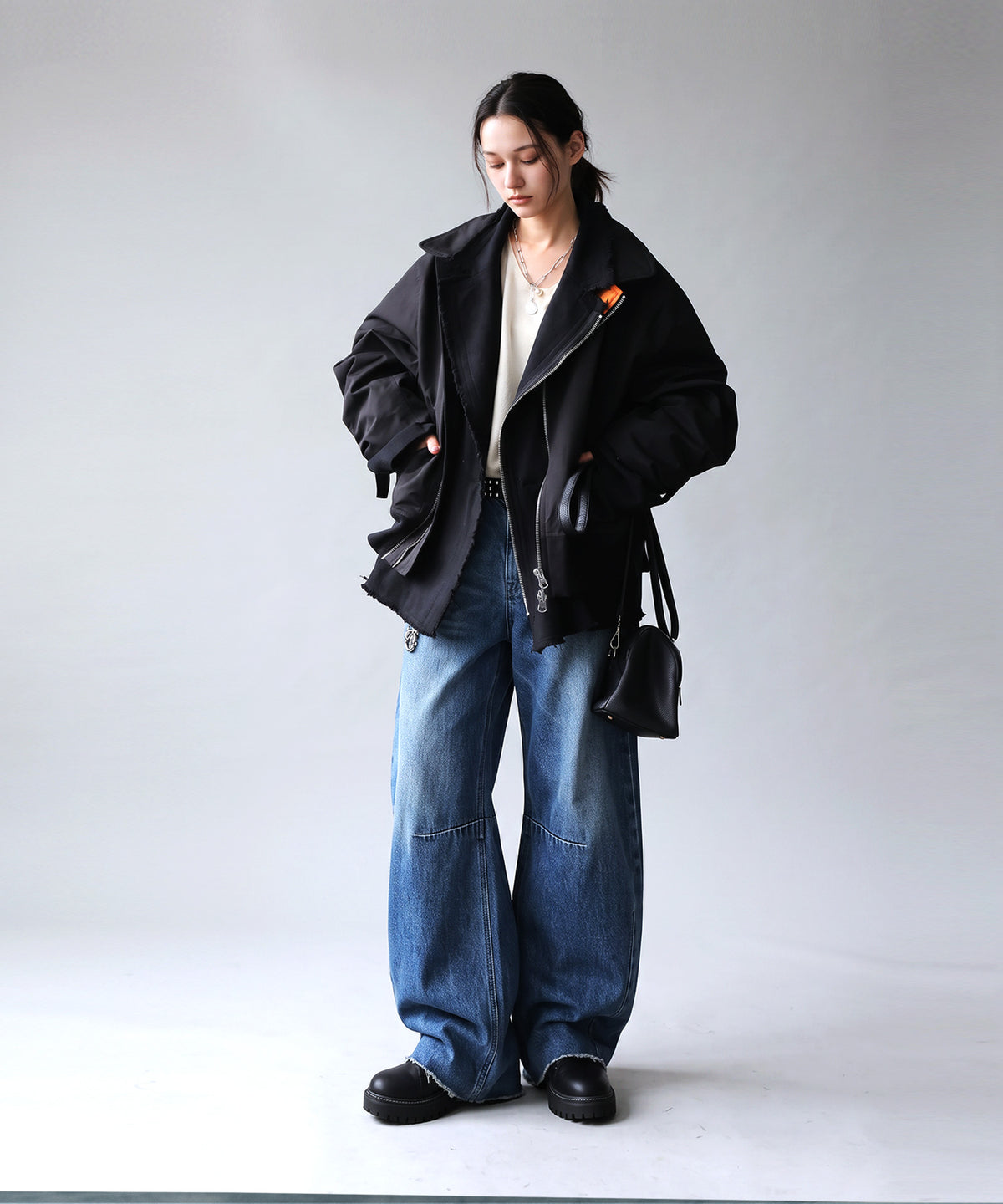 Mixed-Material, Layered Look, Short Length, Double-Zip Ma-1 Jacket Ladies