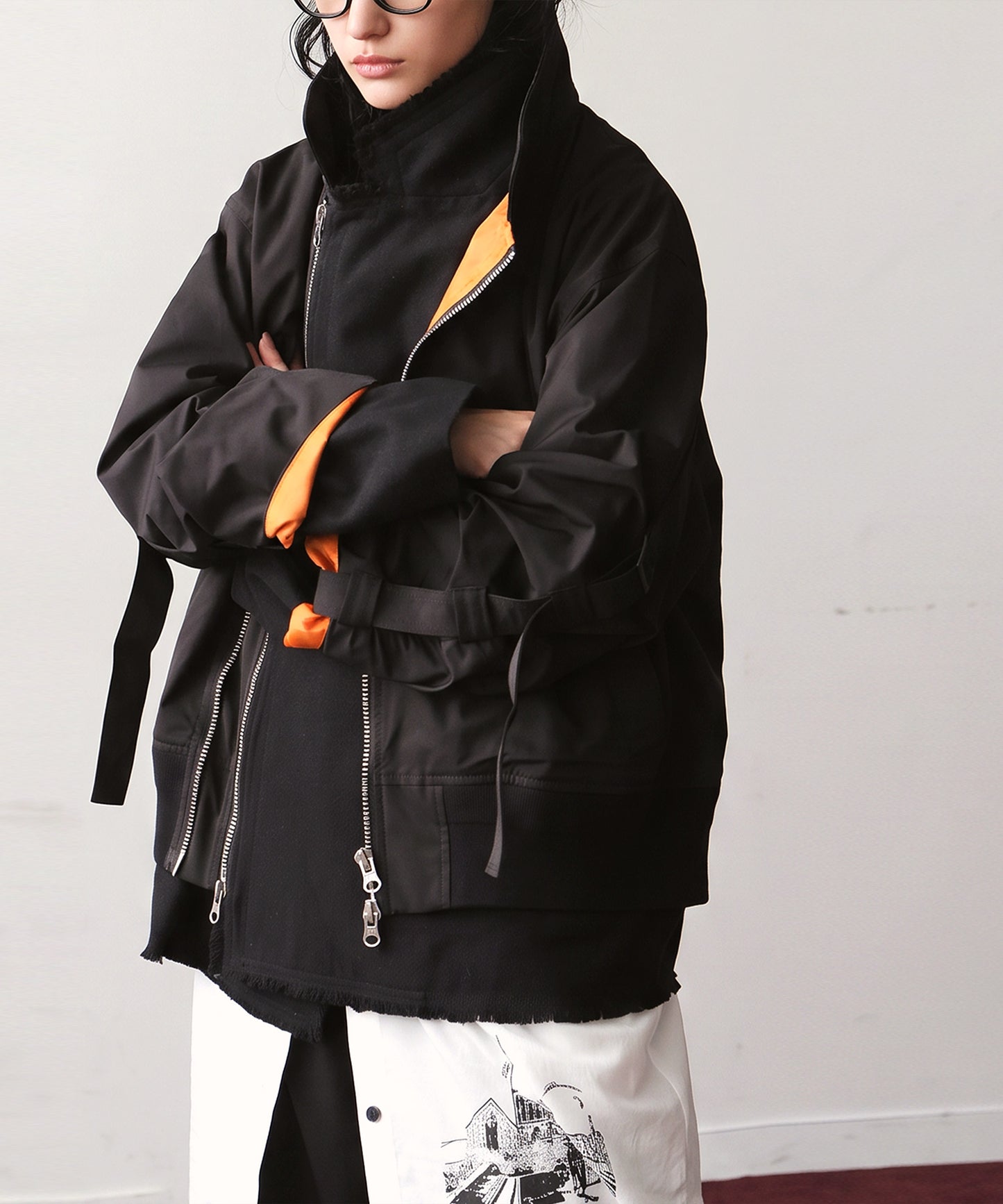 Mixed-Material, Layered Look, Short Length, Double-Zip Ma-1 Jacket Ladies
