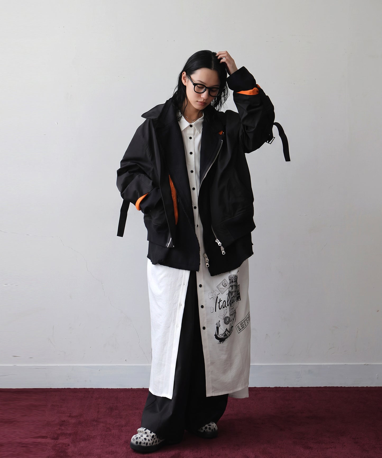 Mixed-Material, Layered Look, Short Length, Double-Zip Ma-1 Jacket Ladies