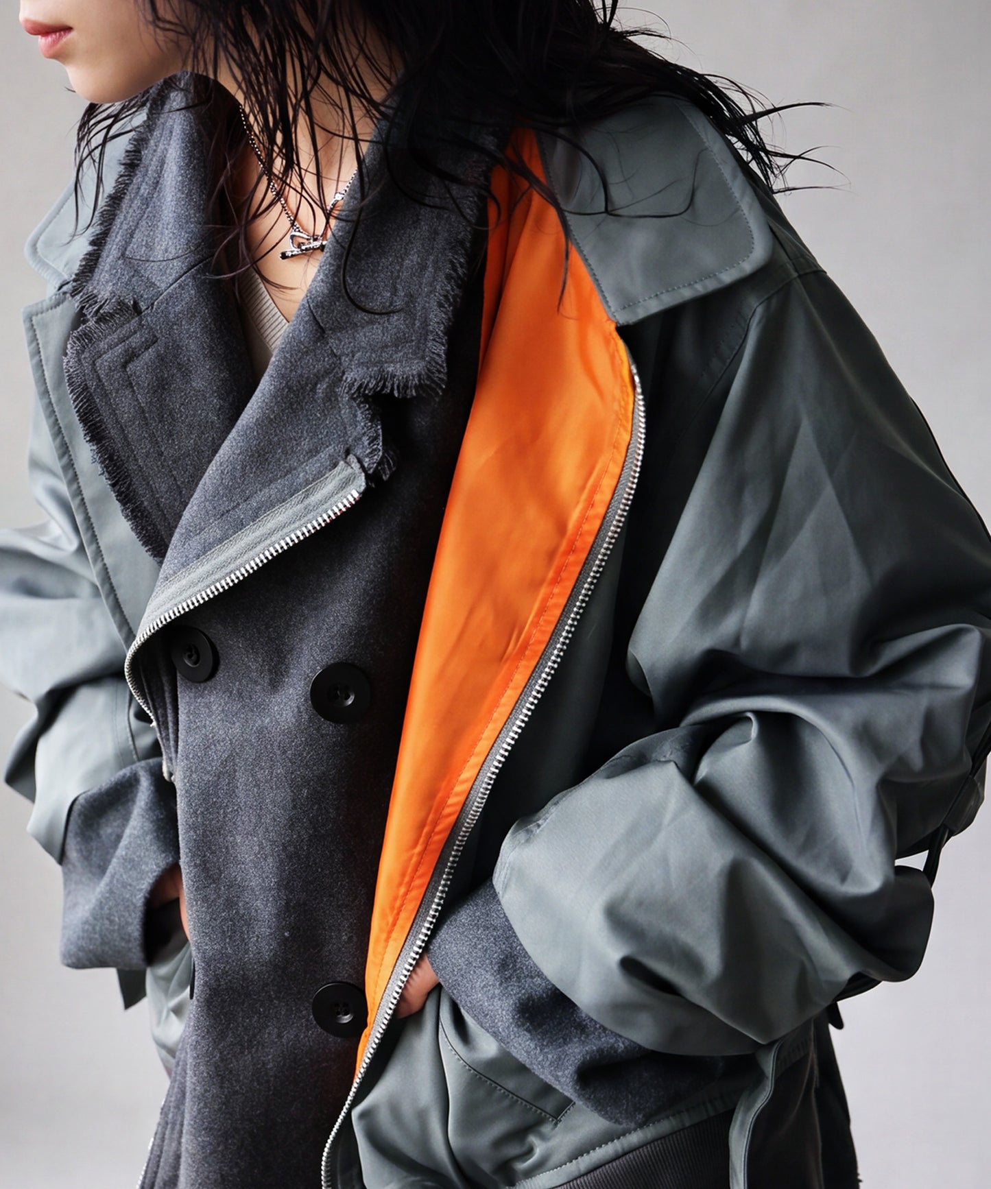 Mixed-Material, Layered Look, Short Length, Double-Zip Ma-1 Jacket Ladies