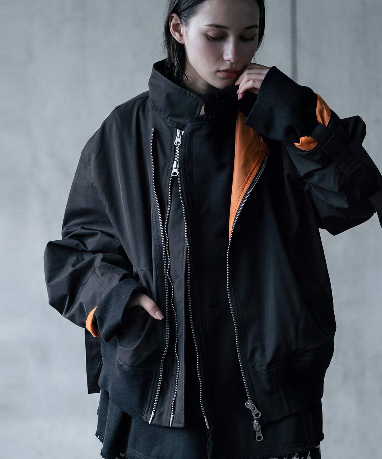 Mixed-Material, Layered Look, Short Length, Double-Zip Ma-1 Jacket Ladies