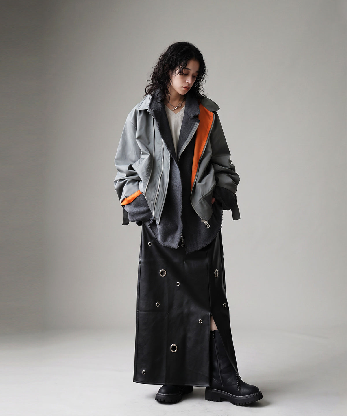 Mixed-Material, Layered Look, Short Length, Double-Zip Ma-1 Jacket Ladies
