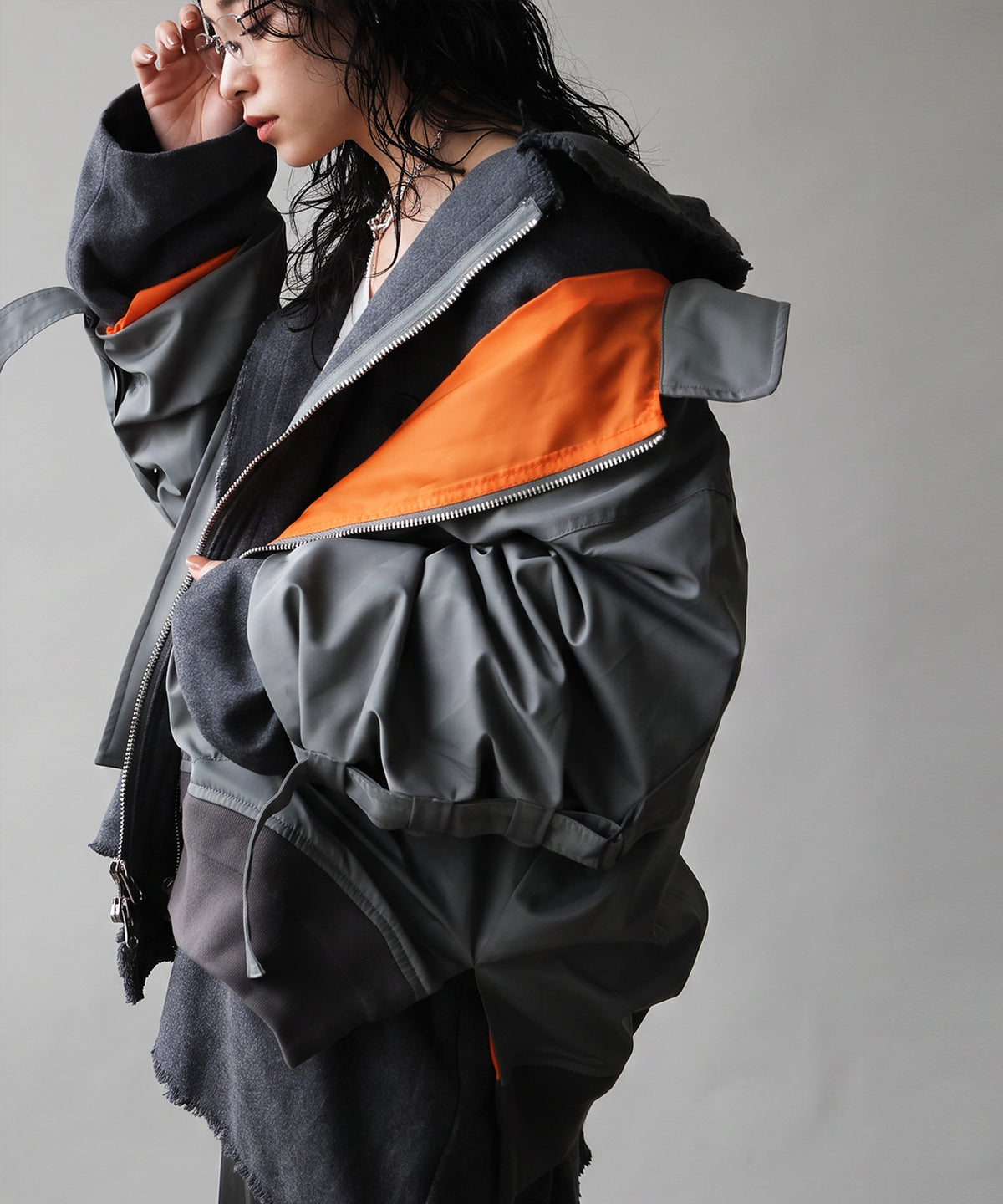 Mixed-Material, Layered Look, Short Length, Double-Zip Ma-1 Jacket Ladies