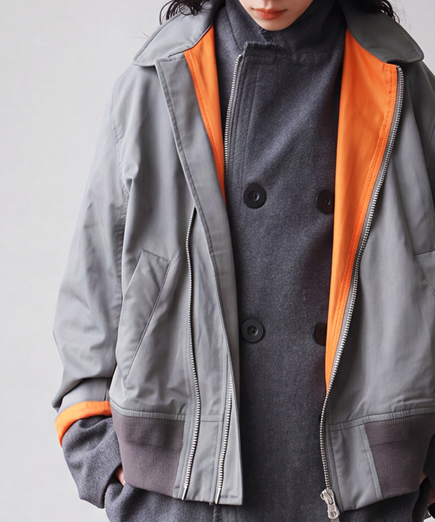 Mixed-Material, Layered Look, Short Length, Double-Zip Ma-1 Jacket Ladies