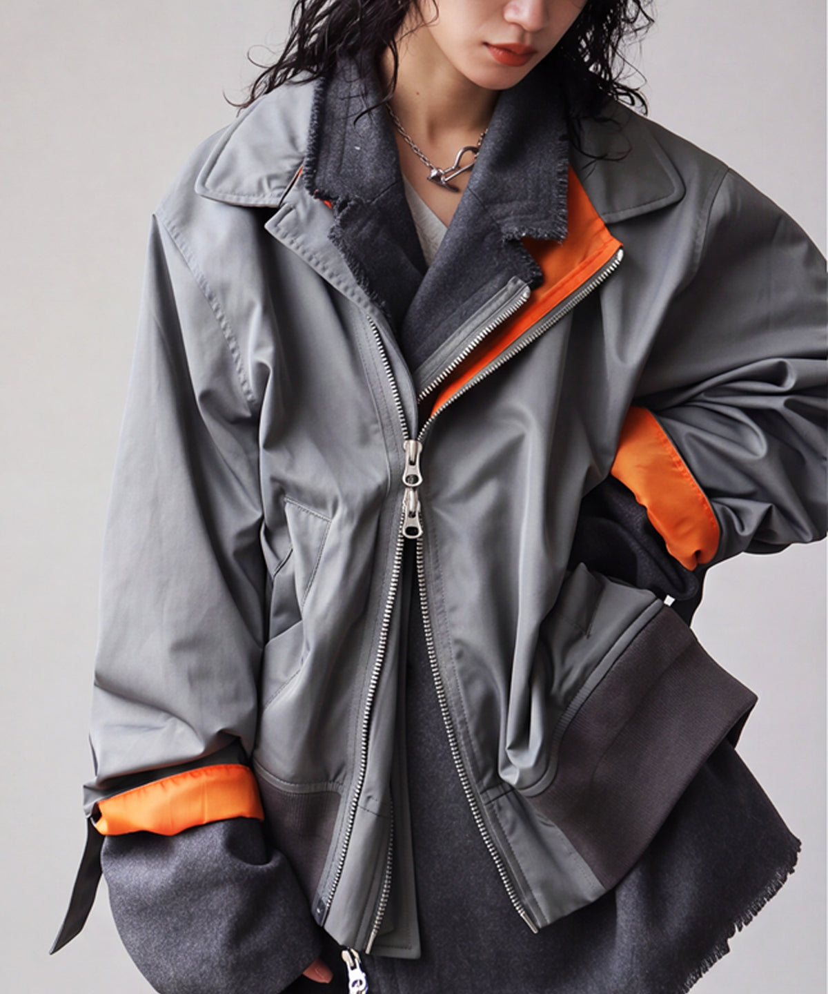 Mixed-Material, Layered Look, Short Length, Double-Zip Ma-1 Jacket Ladies