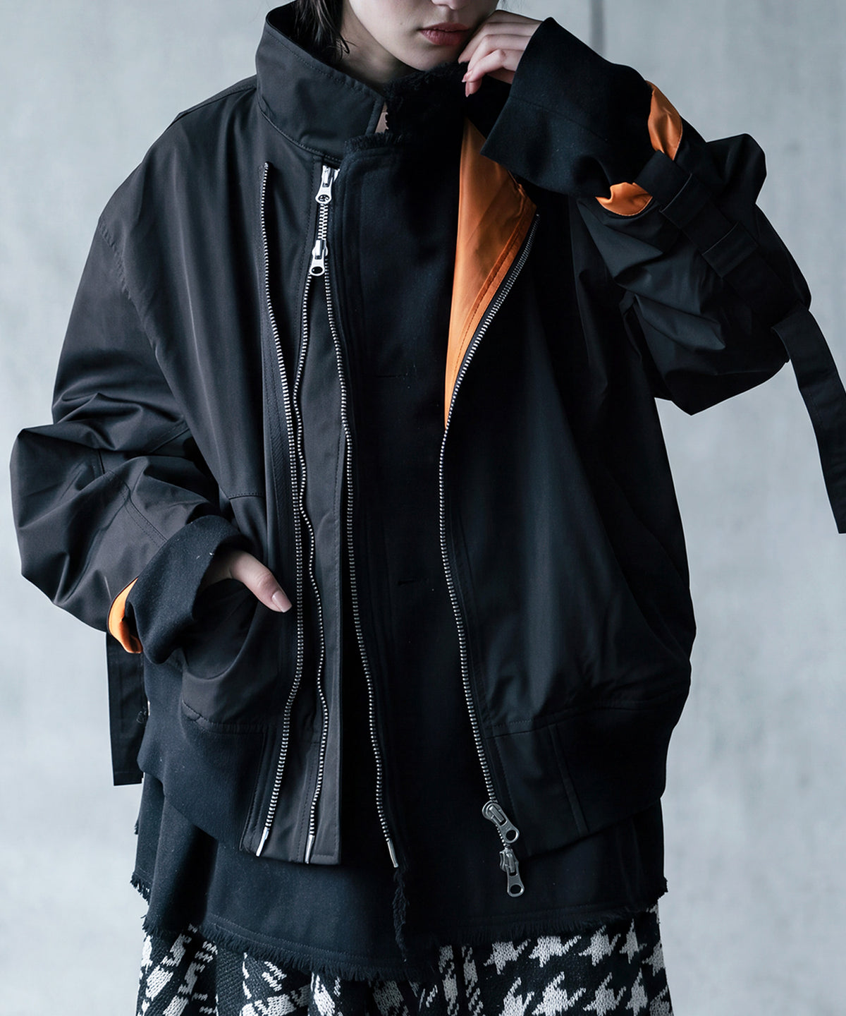 Mixed-Material, Layered Look, Short Length, Double-Zip Ma-1 Jacket Ladies