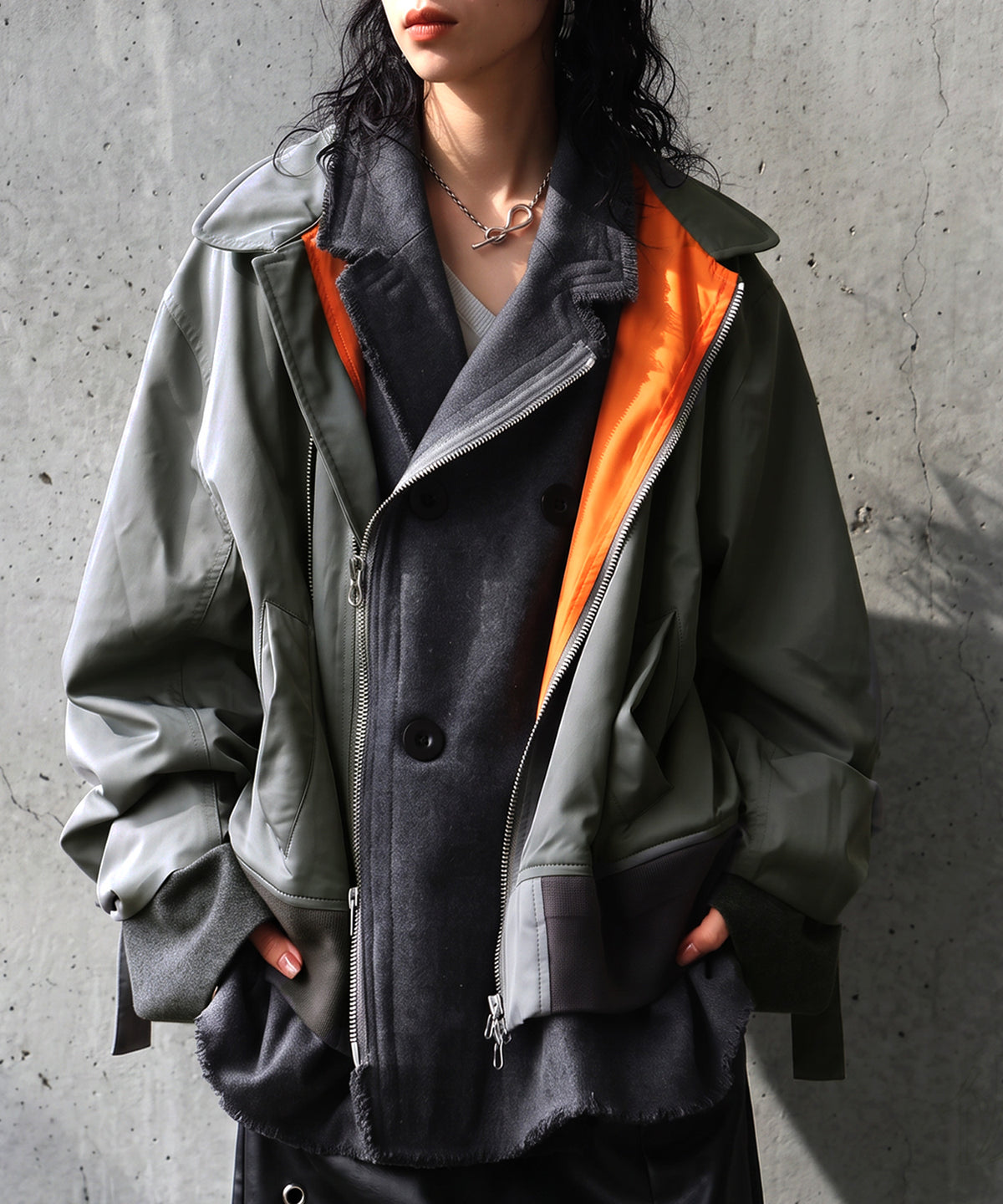 Mixed-Material, Layered Look, Short Length, Double-Zip Ma-1 Jacket Ladies