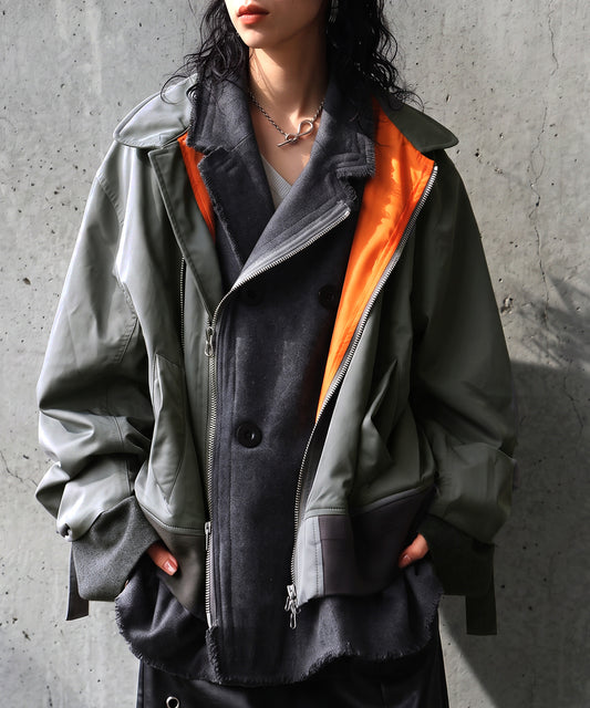Mixed-Material, Layered Look, Short Length, Double-Zip Ma-1 Jacket Ladies