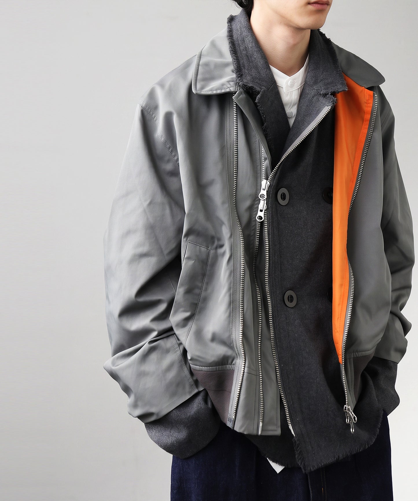 Mixed-Material, Layered Look, Short Length, Double-Zip Ma-1 Jacket Men’s