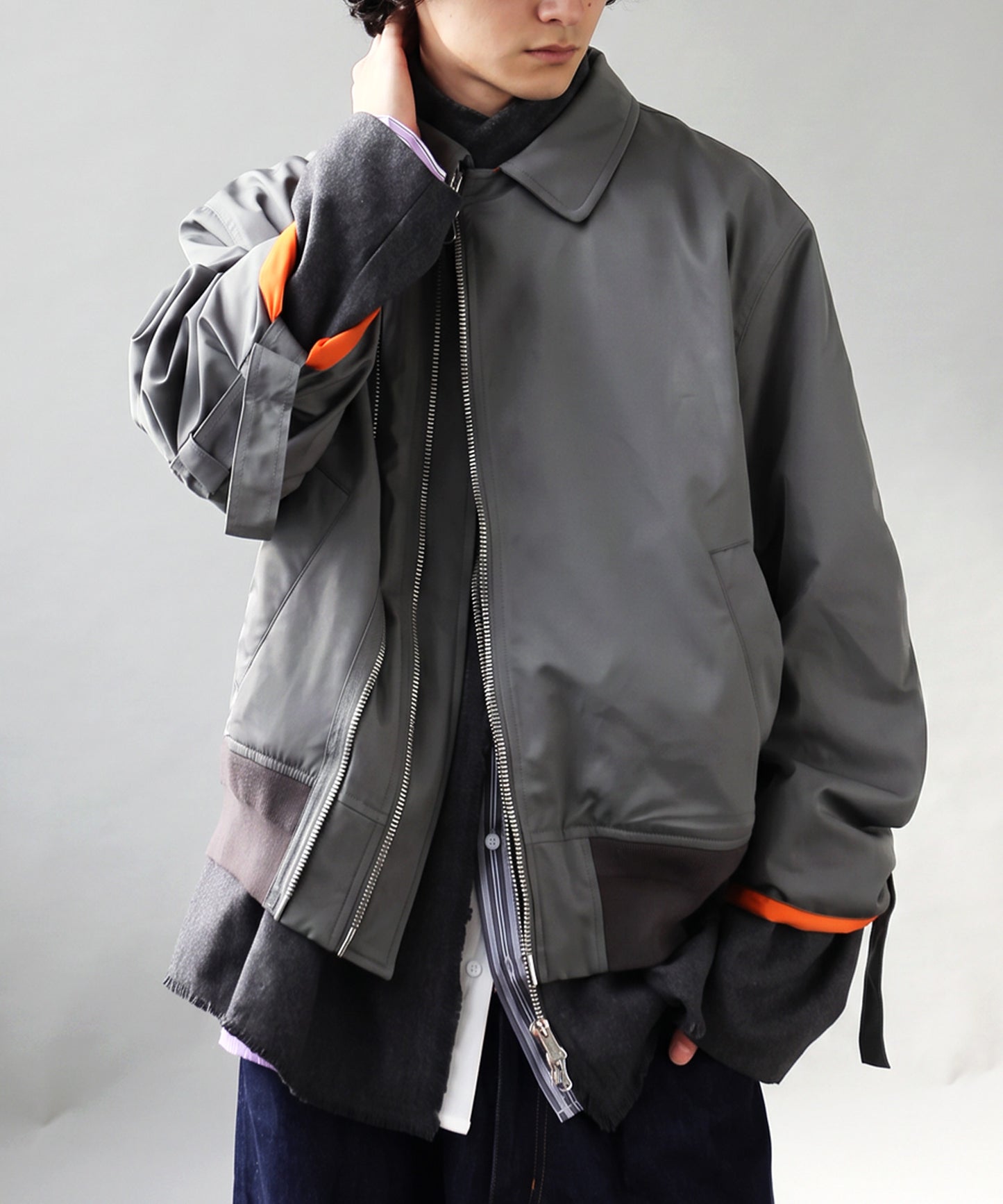 Mixed-Material, Layered Look, Short Length, Double-Zip Ma-1 Jacket Men’s