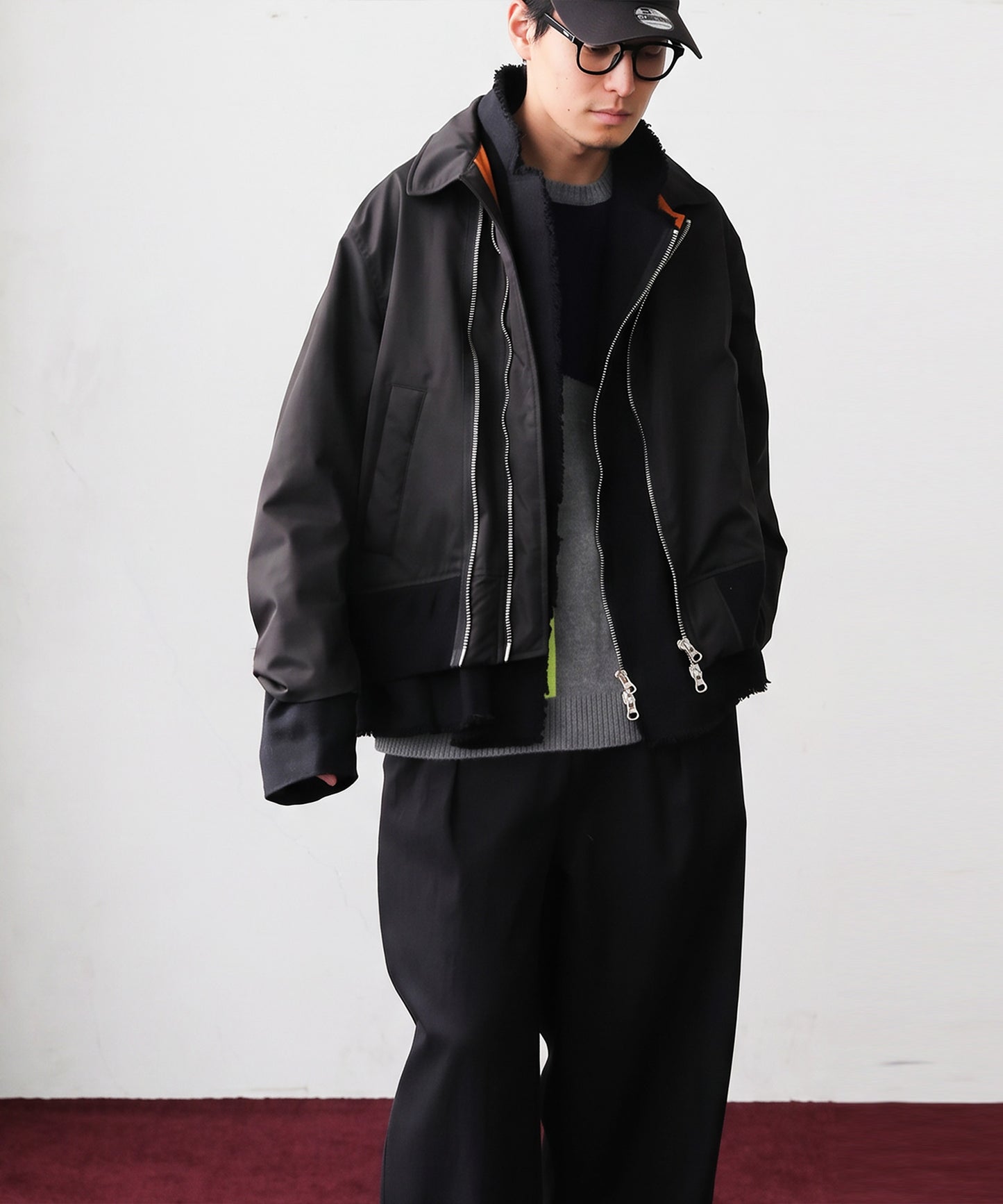 Mixed-Material, Layered Look, Short Length, Double-Zip Ma-1 Jacket Men’s