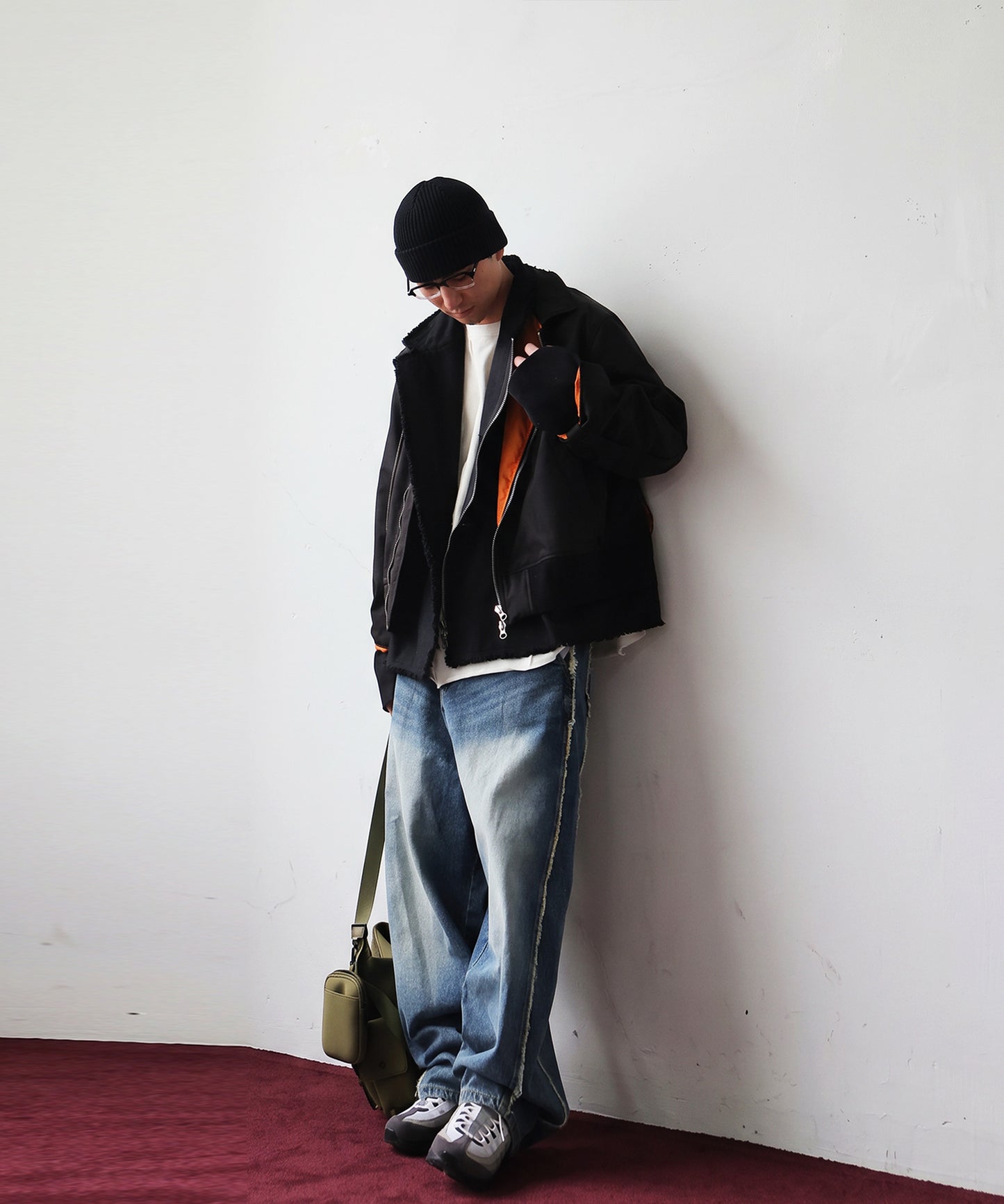 Mixed-Material, Layered Look, Short Length, Double-Zip Ma-1 Jacket Men’s
