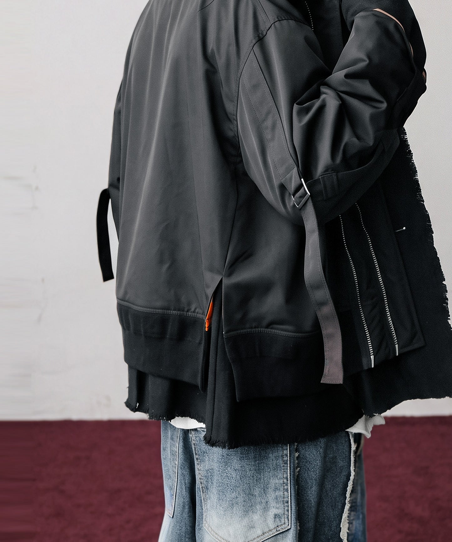 Mixed-Material, Layered Look, Short Length, Double-Zip Ma-1 Jacket Men’s
