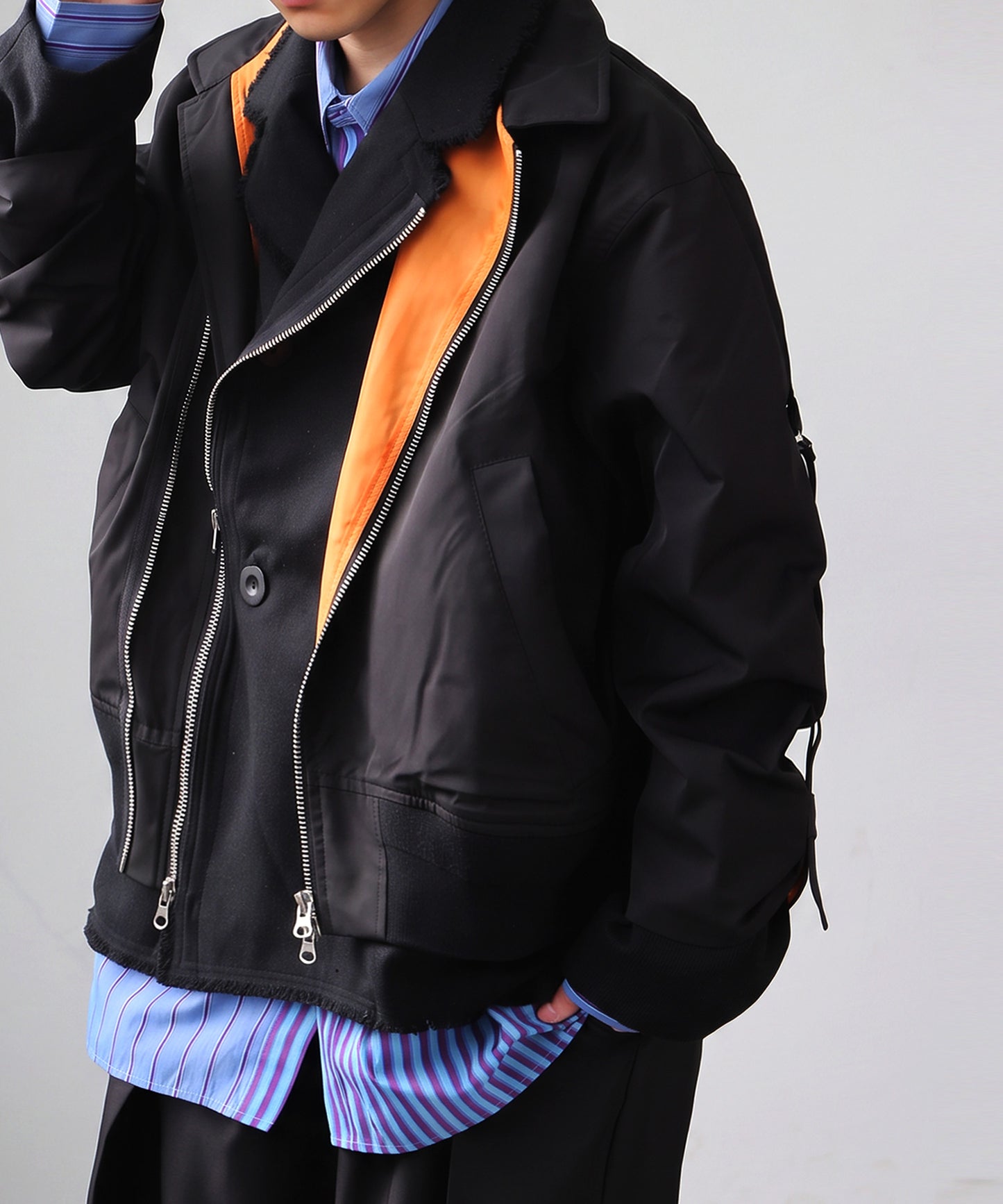 Mixed-Material, Layered Look, Short Length, Double-Zip Ma-1 Jacket Men’s