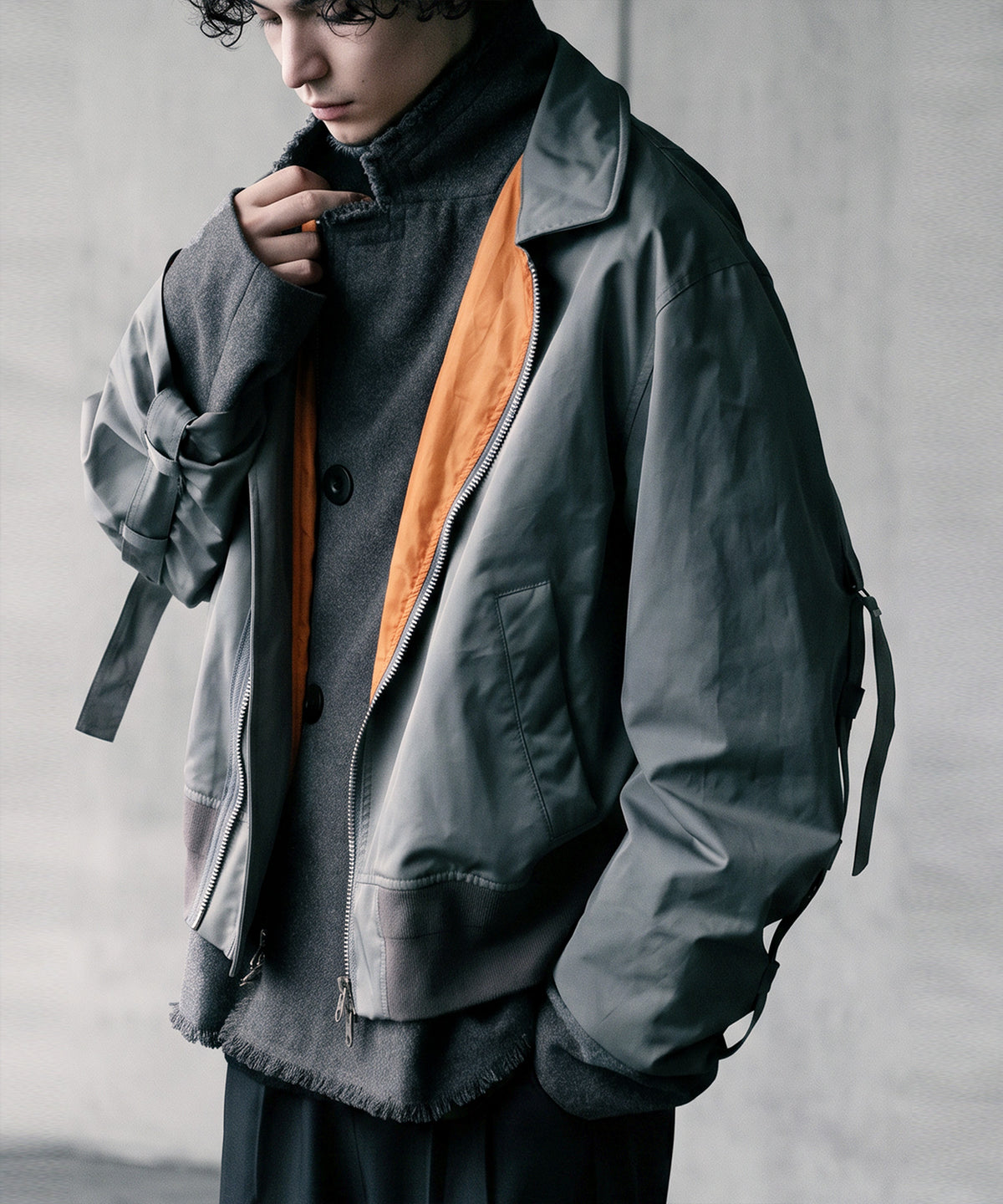 Mixed-Material, Layered Look, Short Length, Double-Zip Ma-1 Jacket Men’s