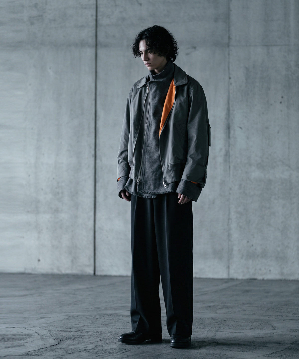 Mixed-Material, Layered Look, Short Length, Double-Zip Ma-1 Jacket Men’s