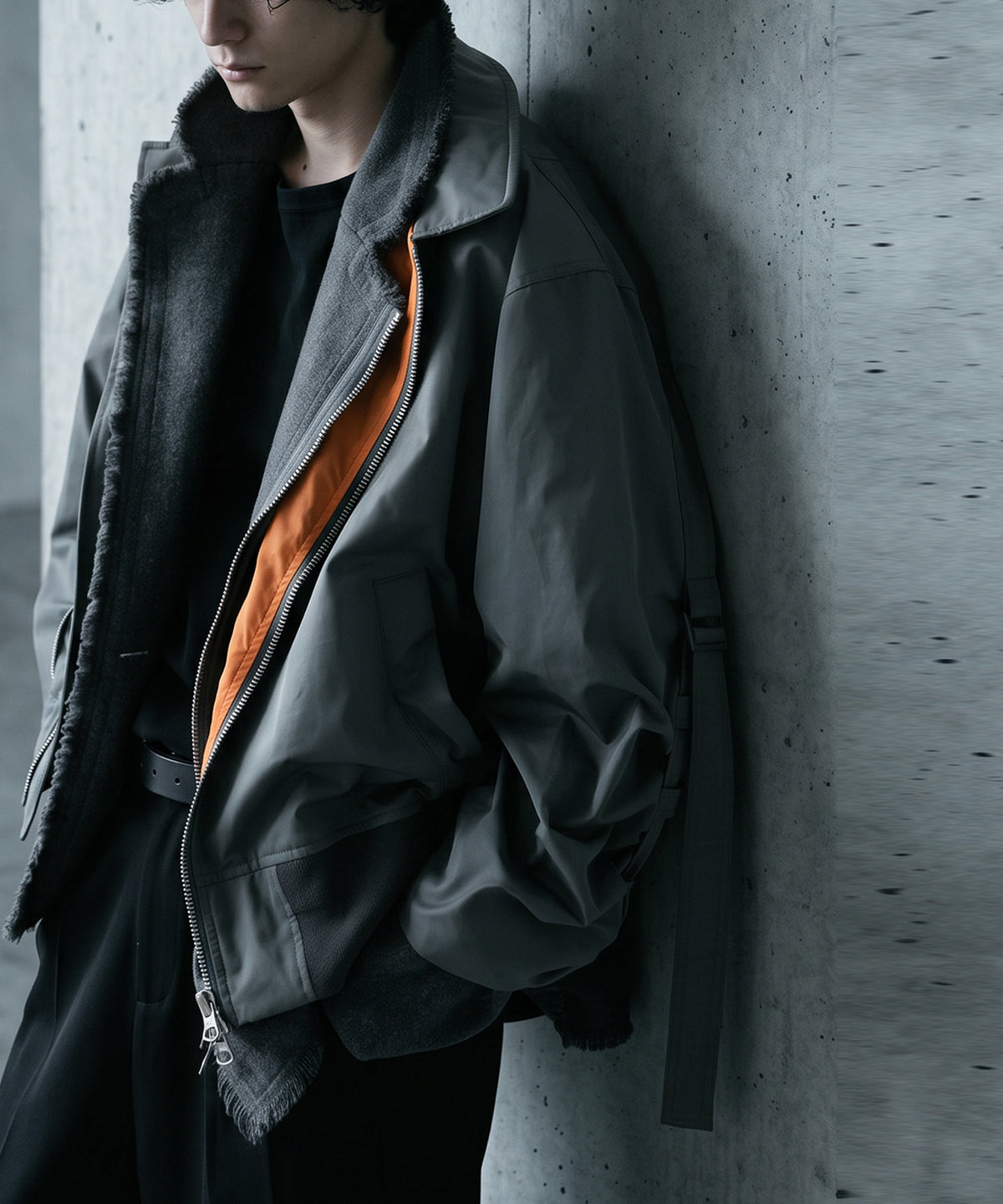 Mixed-Material, Layered Look, Short Length, Double-Zip Ma-1 Jacket Men’s