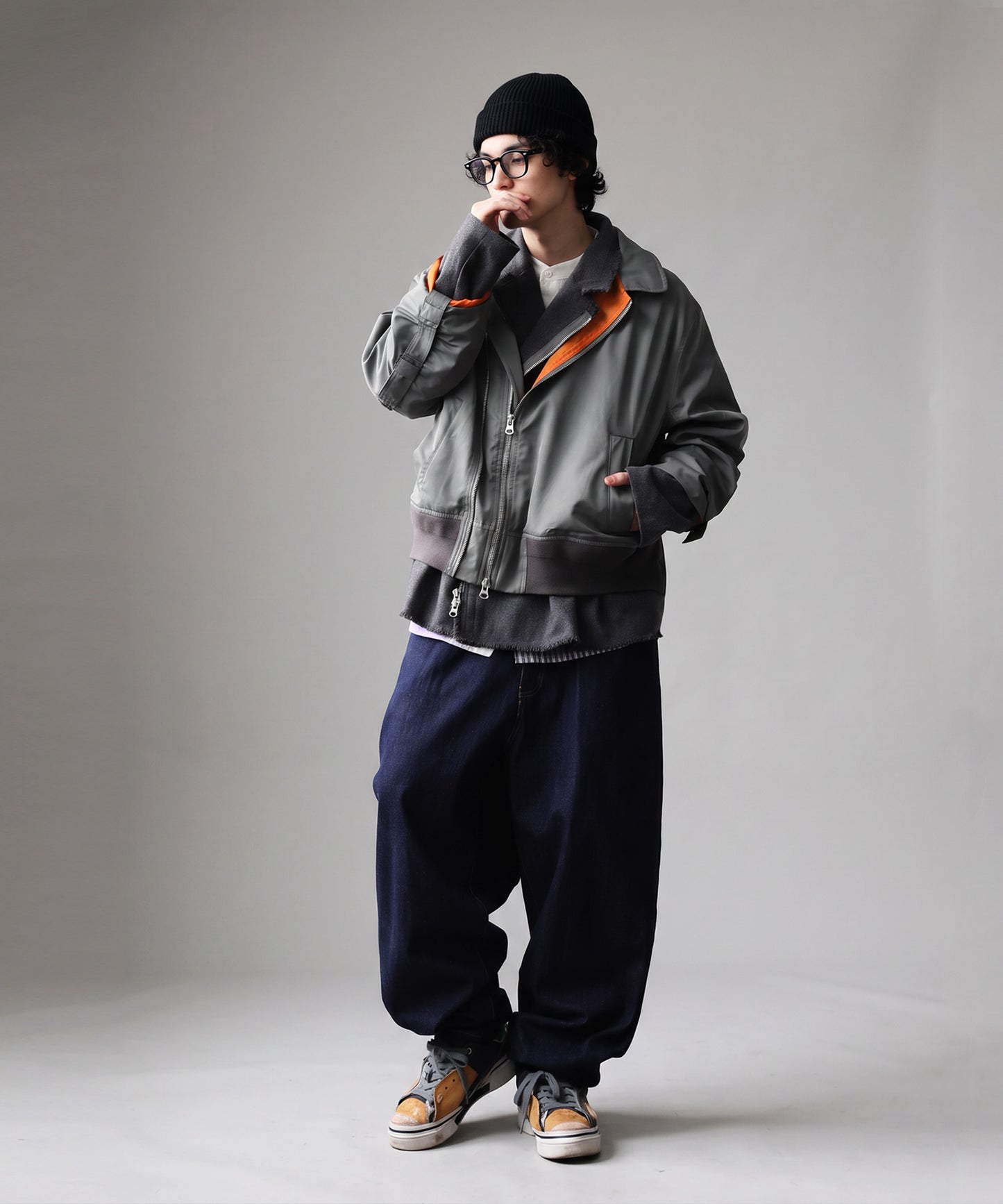 Mixed-Material, Layered Look, Short Length, Double-Zip Ma-1 Jacket Men’s