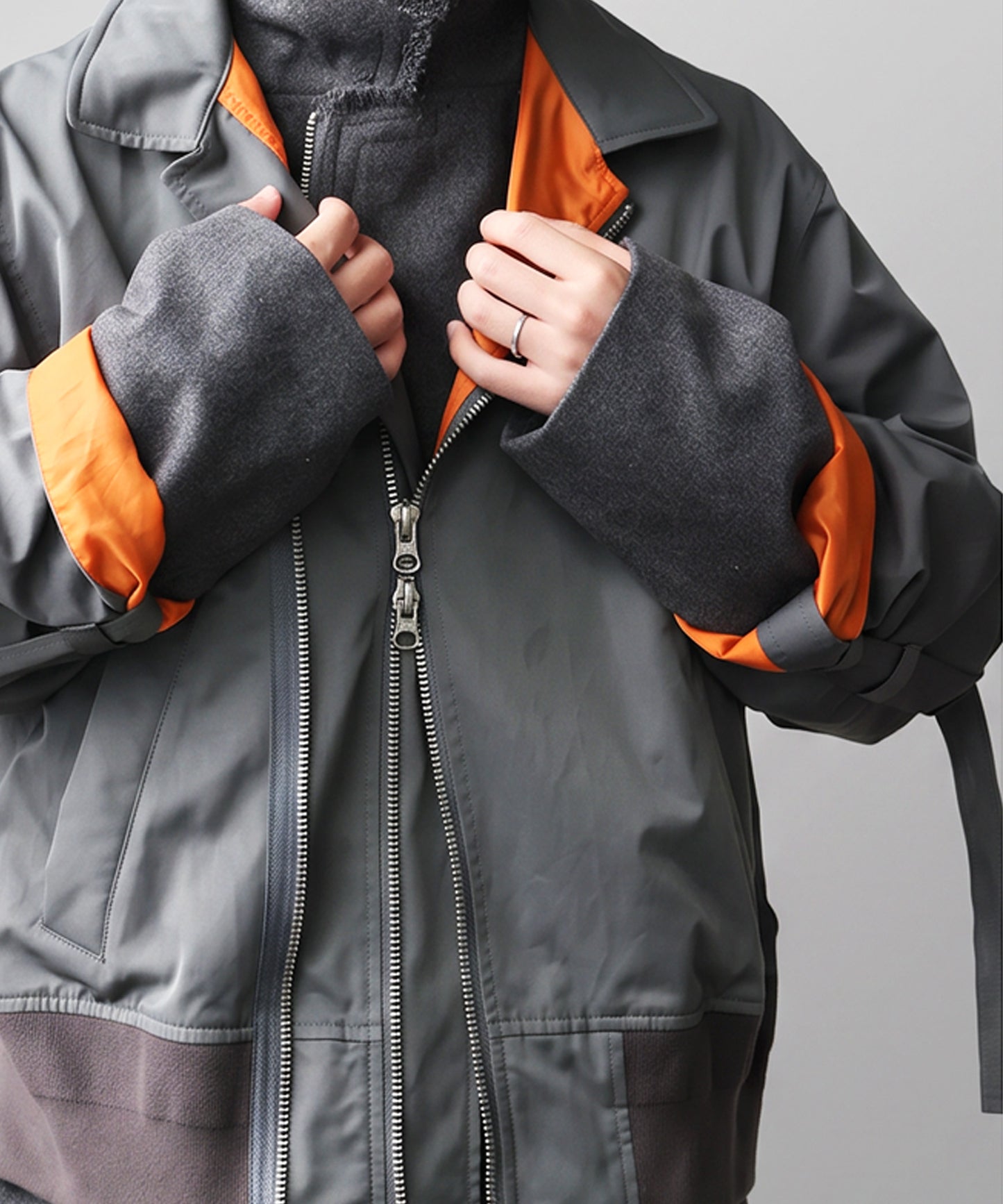 Mixed-Material, Layered Look, Short Length, Double-Zip Ma-1 Jacket Men’s